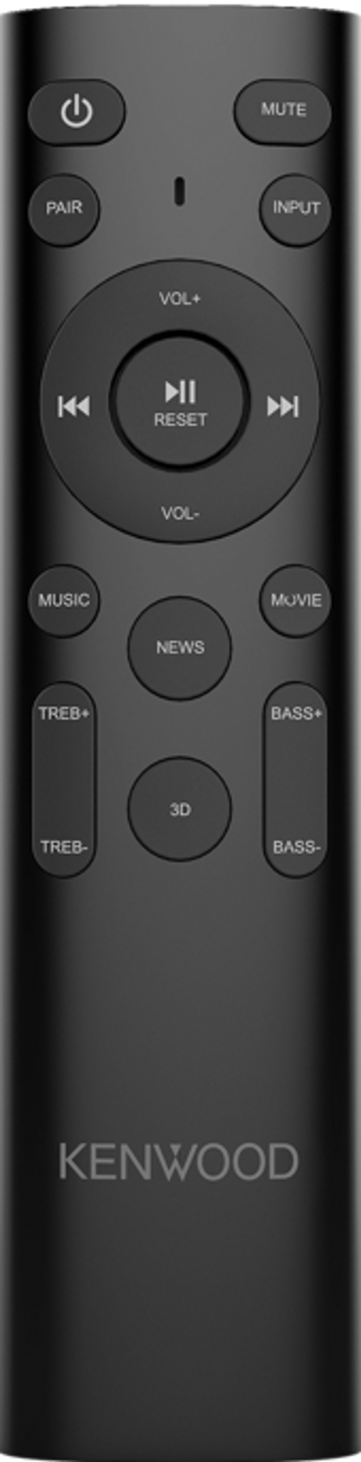 Telecomando Kenwood. Nero, con più pulsanti per alimentazione, volume, musica, notizie e altro.