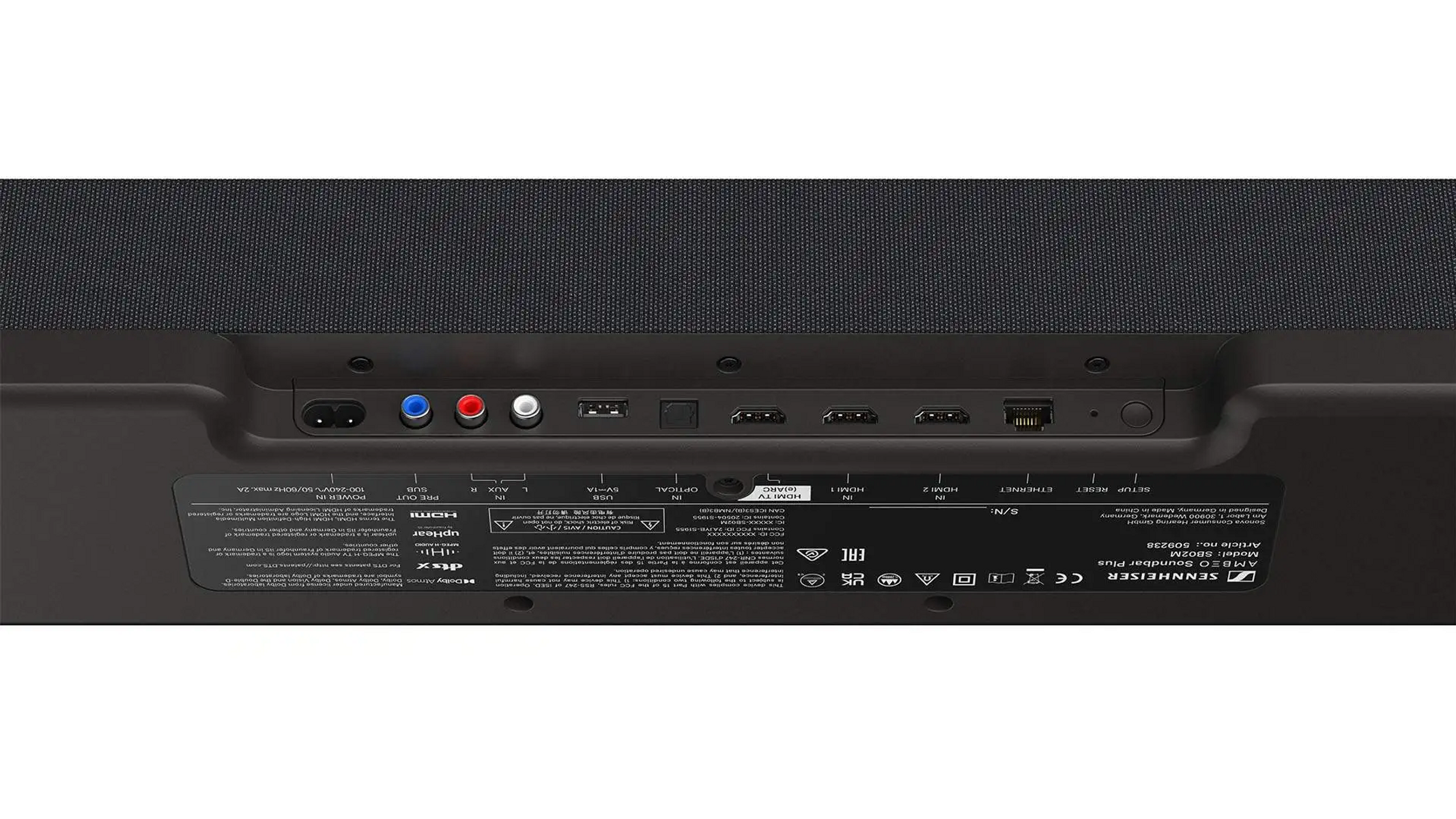 Rückseite einer Soundbar mit verschiedenen Ein-/Ausgangsanschlüssen und Beschriftungen, vor weißem Hintergrund.