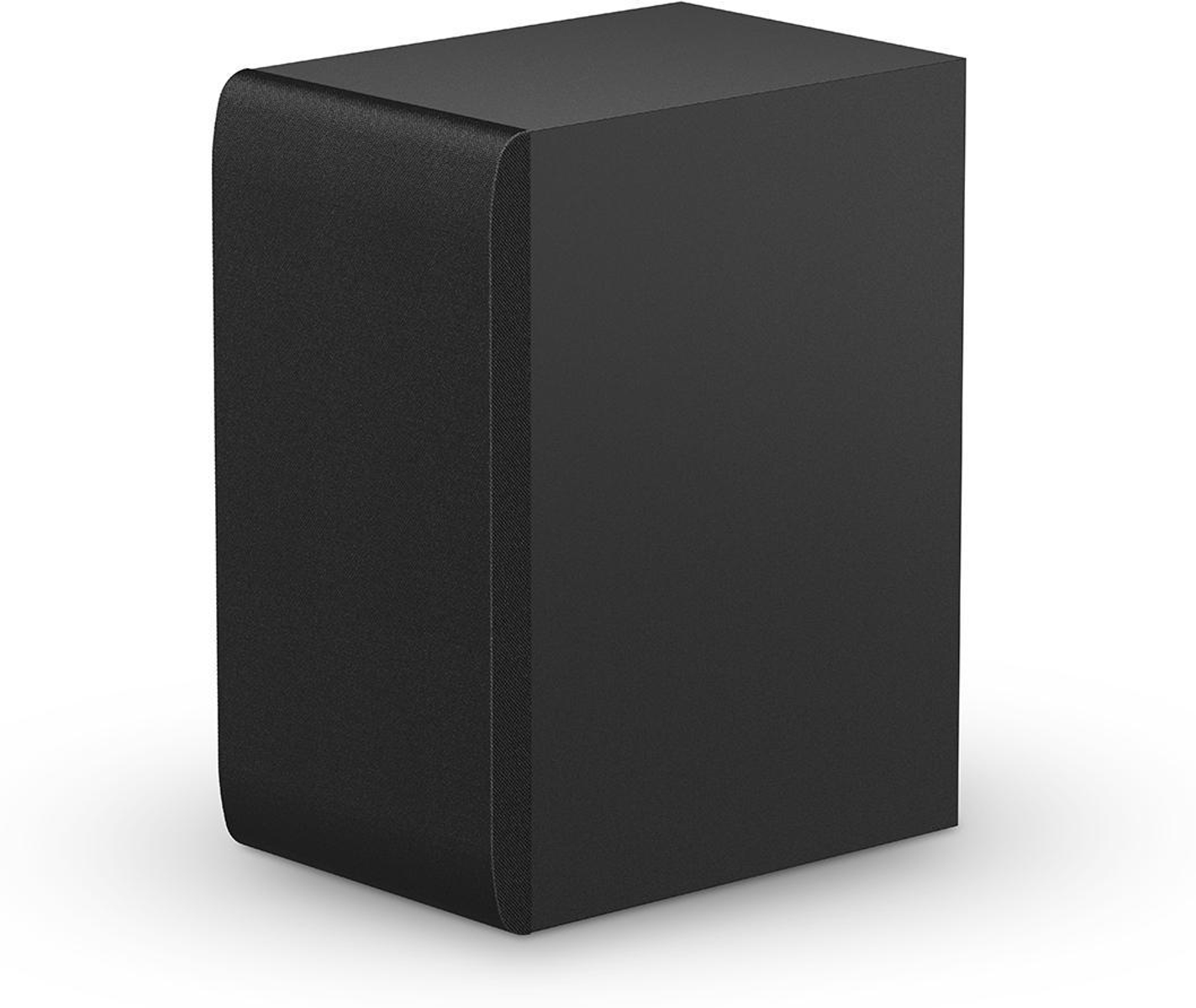 Czarny, prostokątny głośnik na białym tle. Zaokrąglona przednia krawędź.