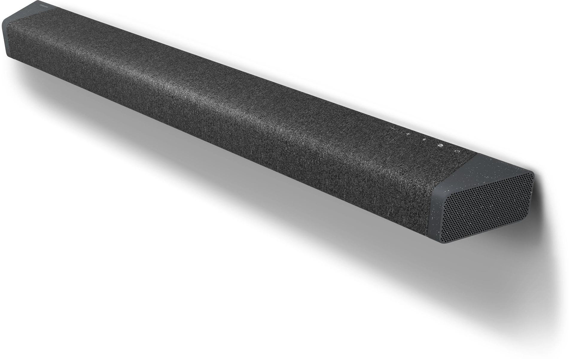Ciemnoszary soundbar na białym tle. Przyciski na górze, cień na dole.