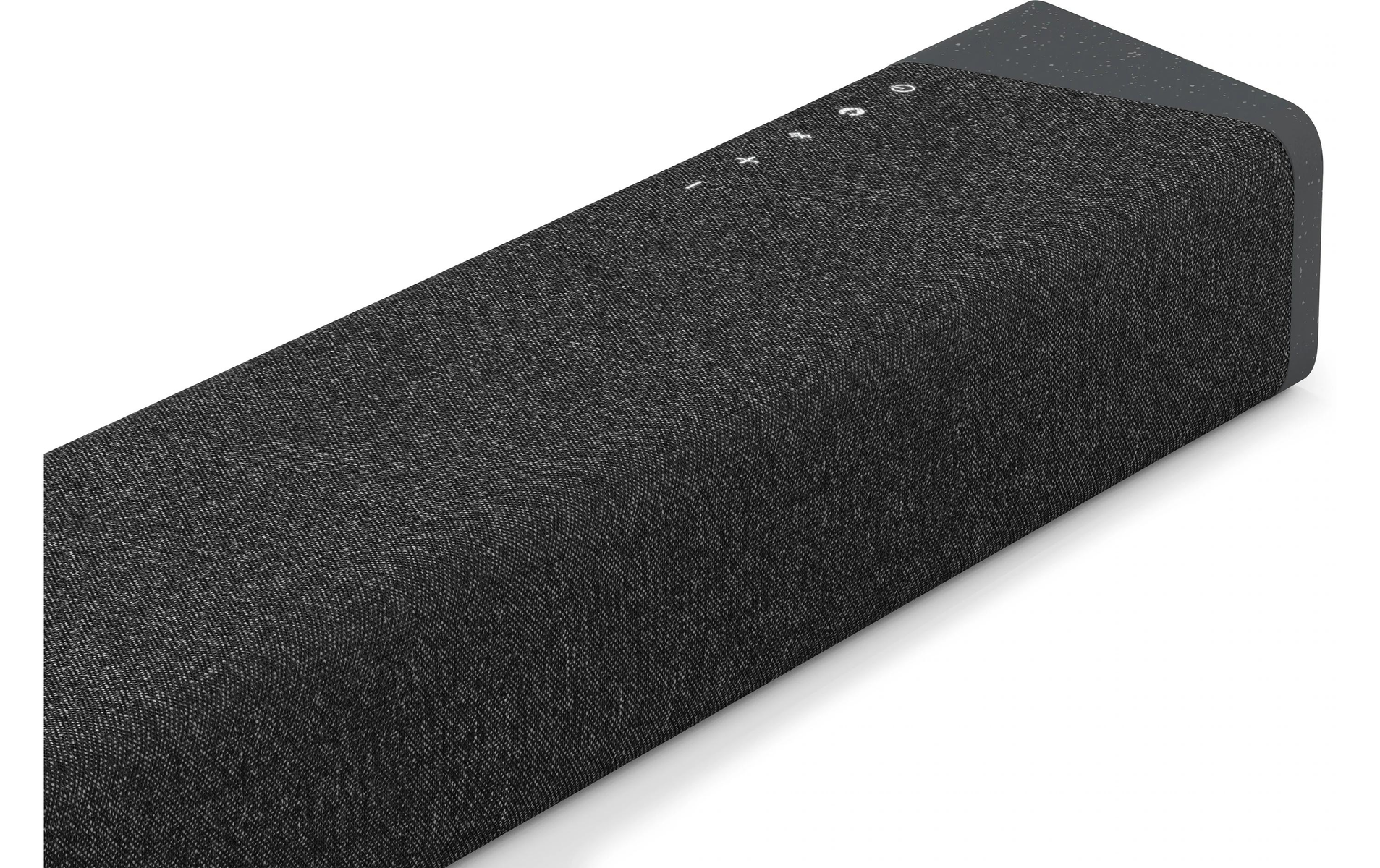 Zbliżenie czarnego soundbaru z fakturą tkaniny. Na górze znajdują się przyciski sterowania.