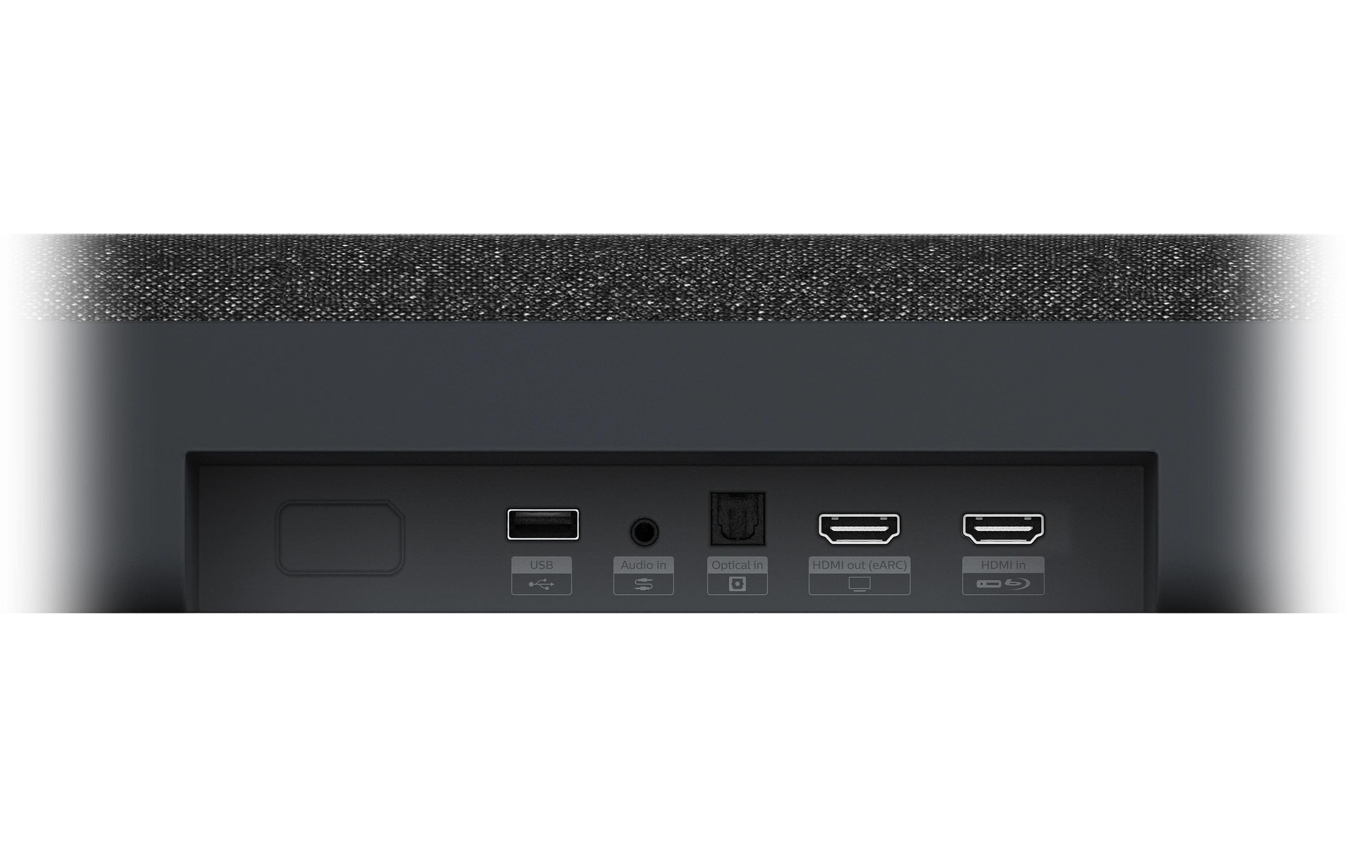 Tył soundbaru, pokazujący porty USB, audio, optyczne i HDMI.