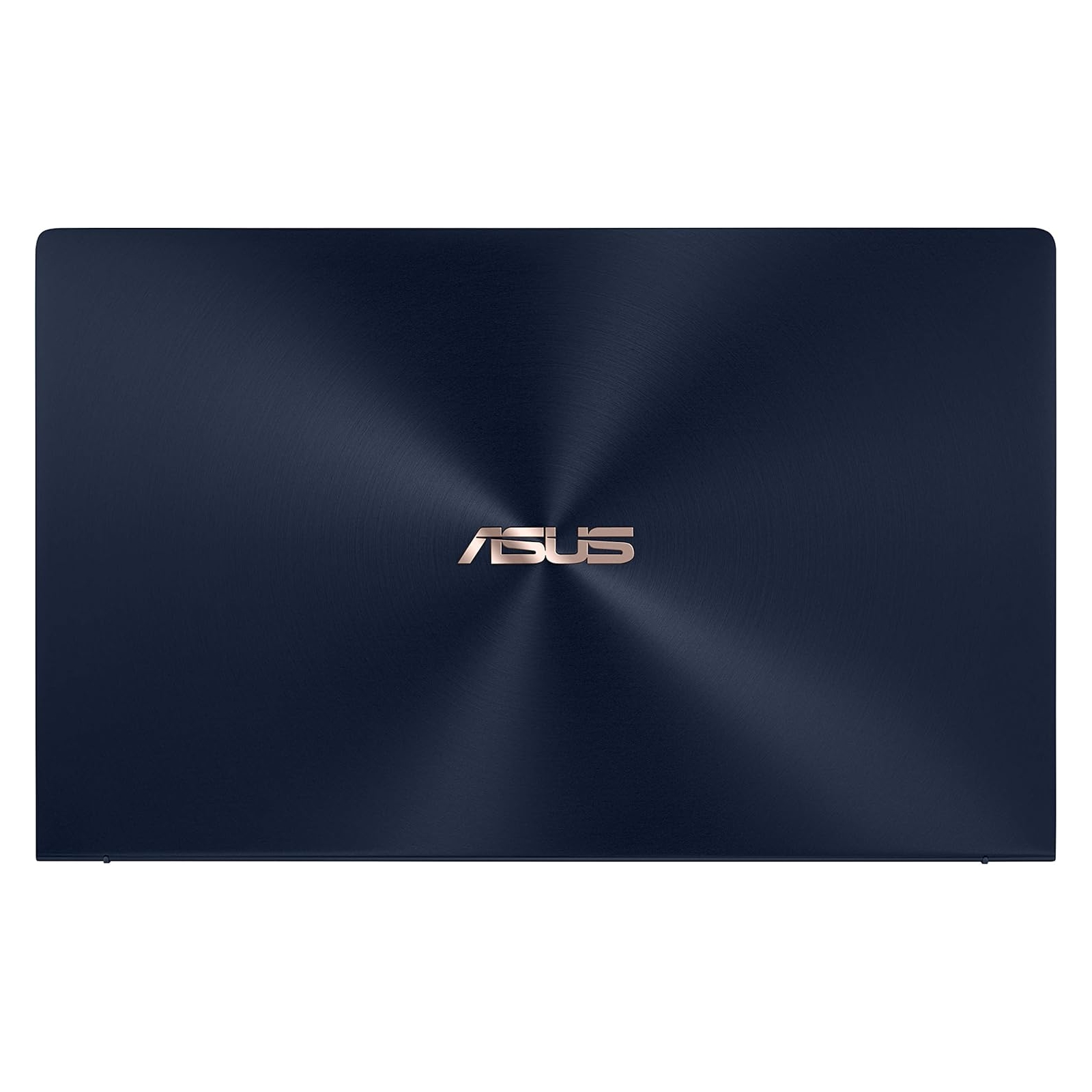 Coperchio laptop Asus blu scuro, con logo Asus dorato, visto dall'alto.