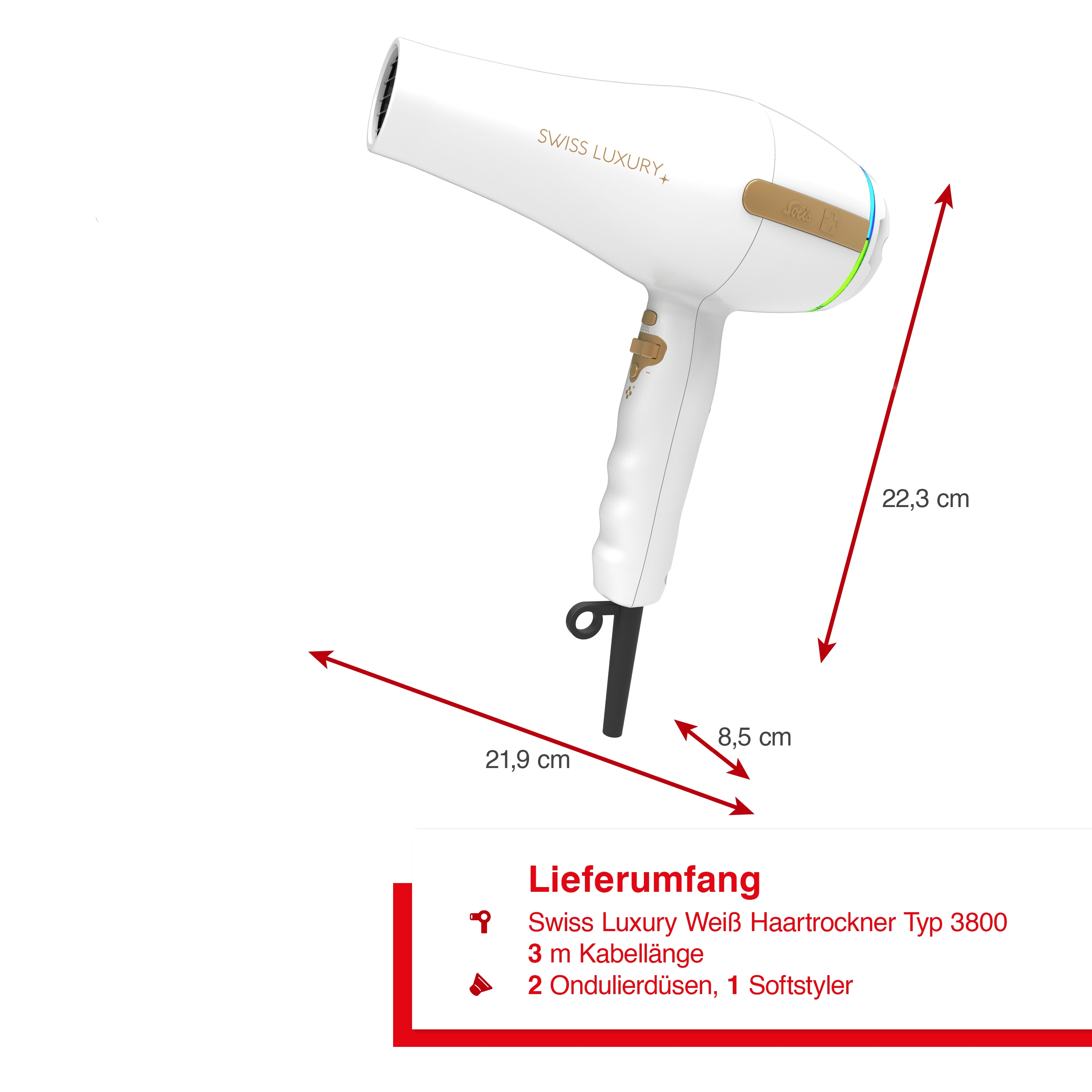 Weißer Haartrockner mit Abmessungen und Produktdetails auf weißem Hintergrund.