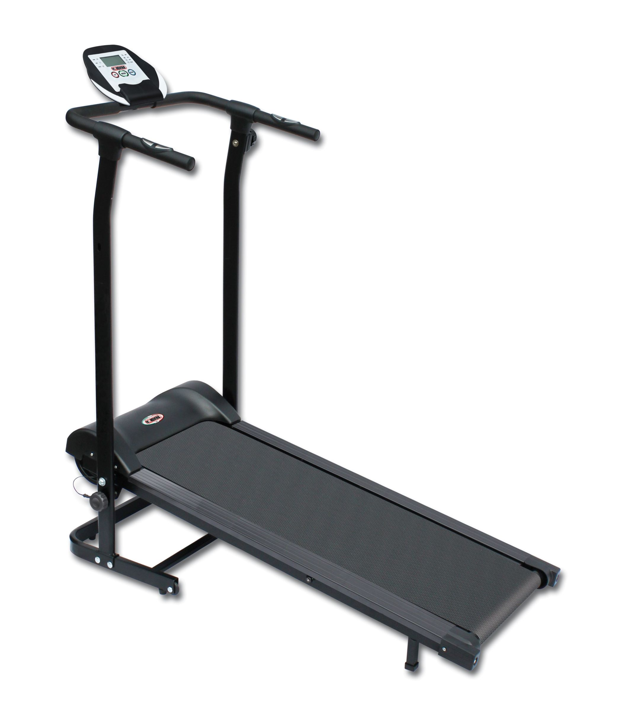 Tapis roulant nero con display digitale. Ha un nastro da corsa e corrimano, su sfondo bianco.