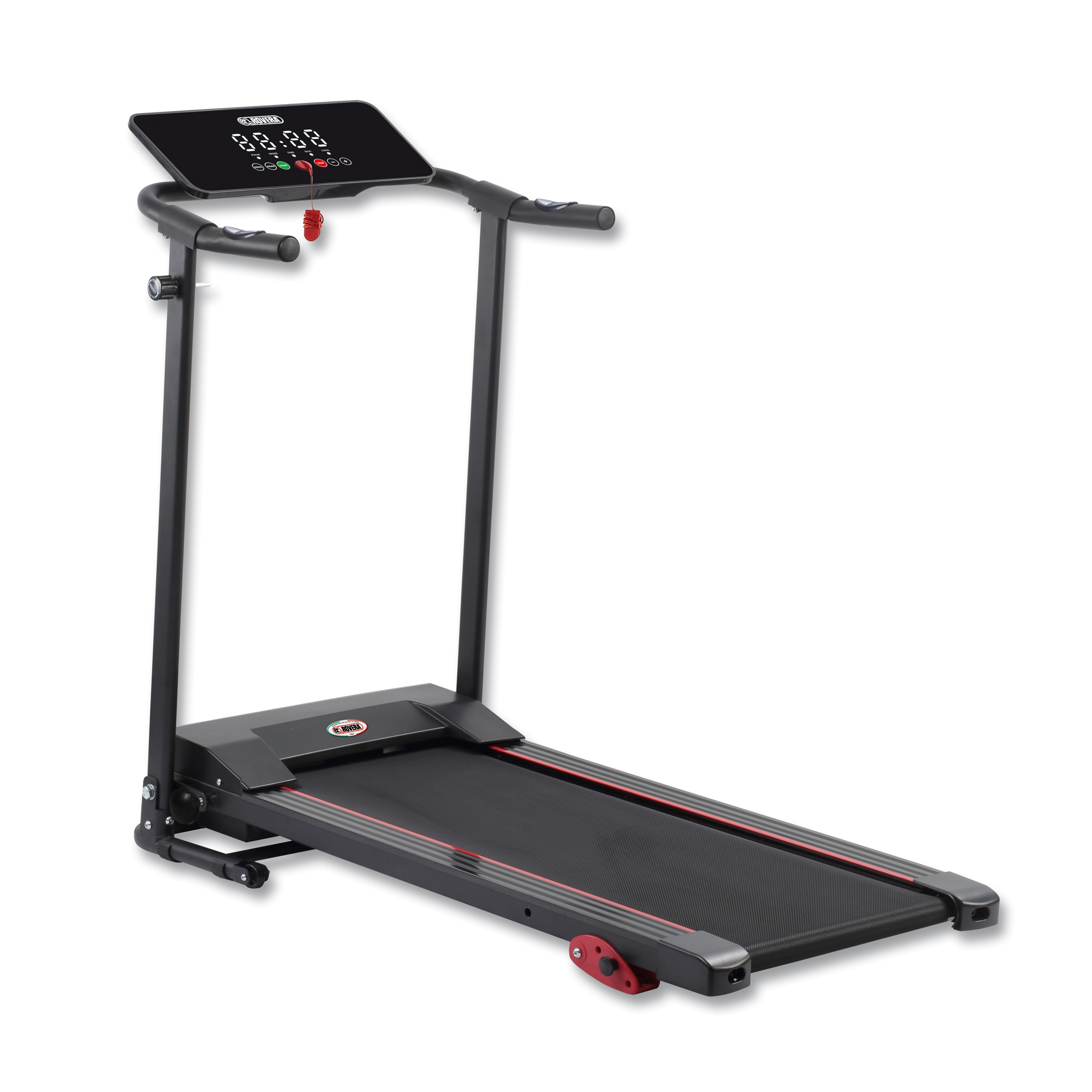 Tapis roulant, nero e rosso, con display digitale, sfondo bianco.
