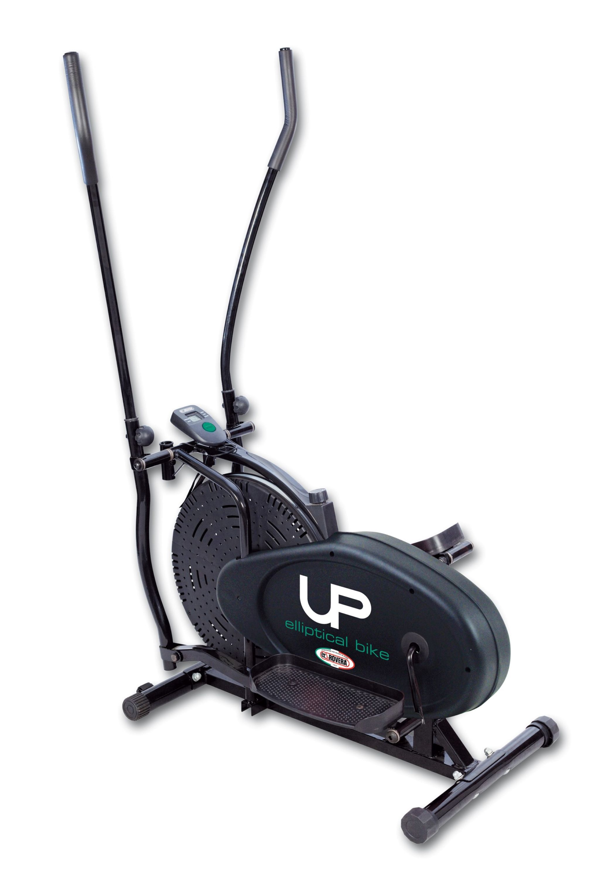 Bicicletta ellittica nera e argento con logo UP. Ha manubri, pedali e display digitale.