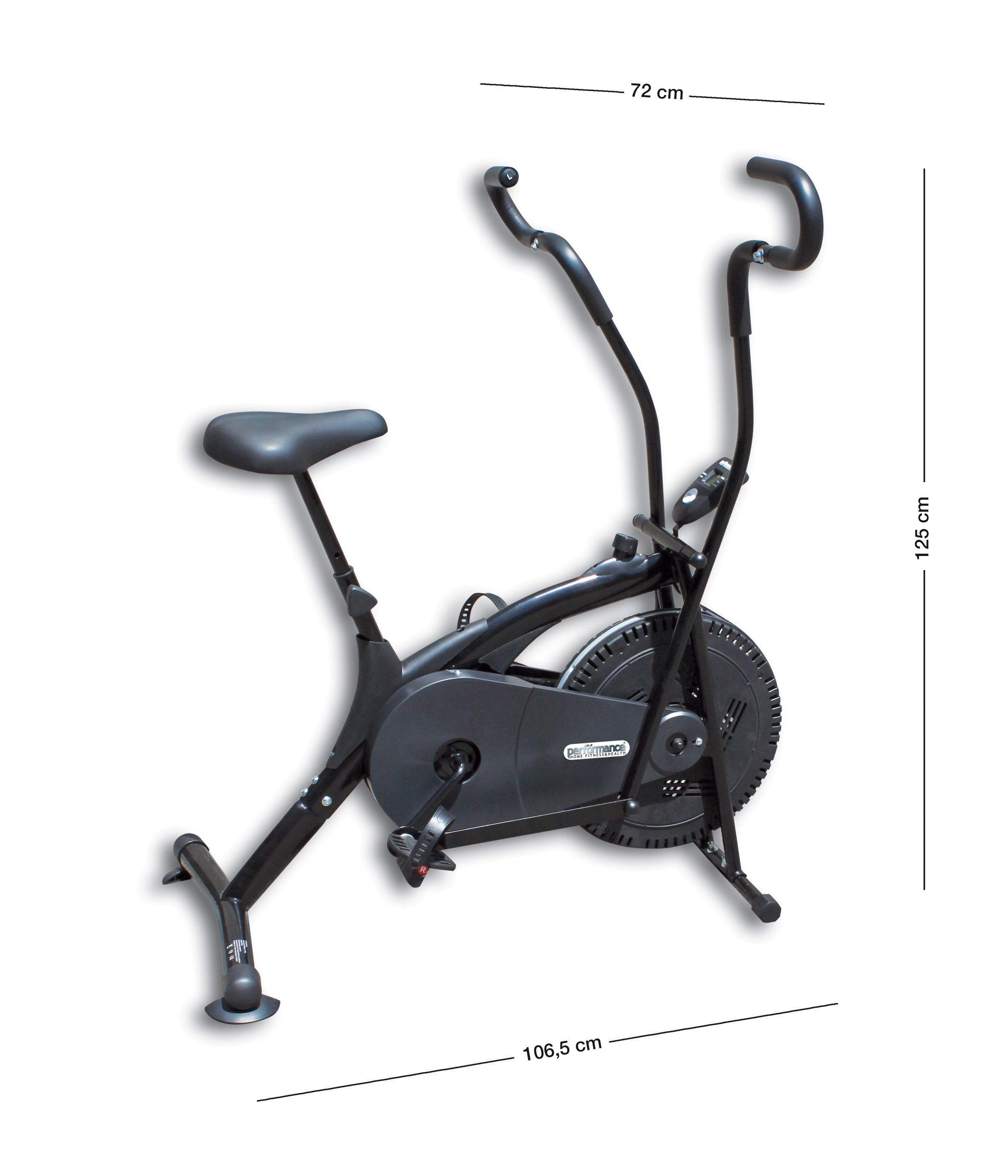 Bicicletta da allenamento stazionaria nera con dimensioni etichettate. Mostra una ruota e un sedile.