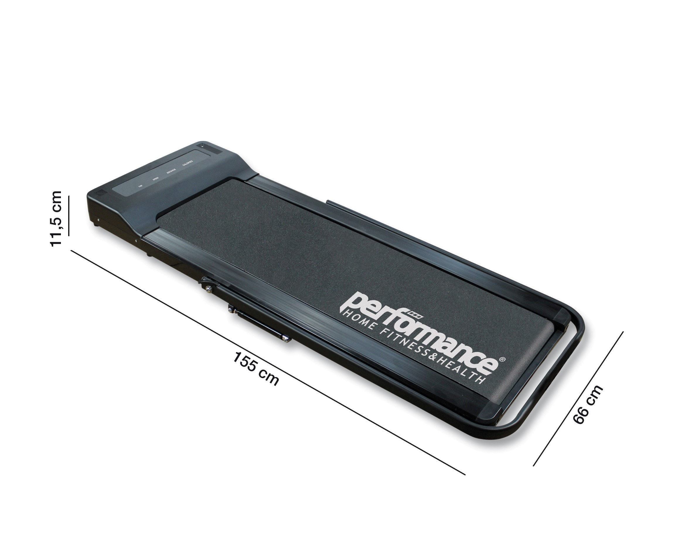 Tapis roulant nero con misure. Il tapis roulant mostra la parola Performance.
