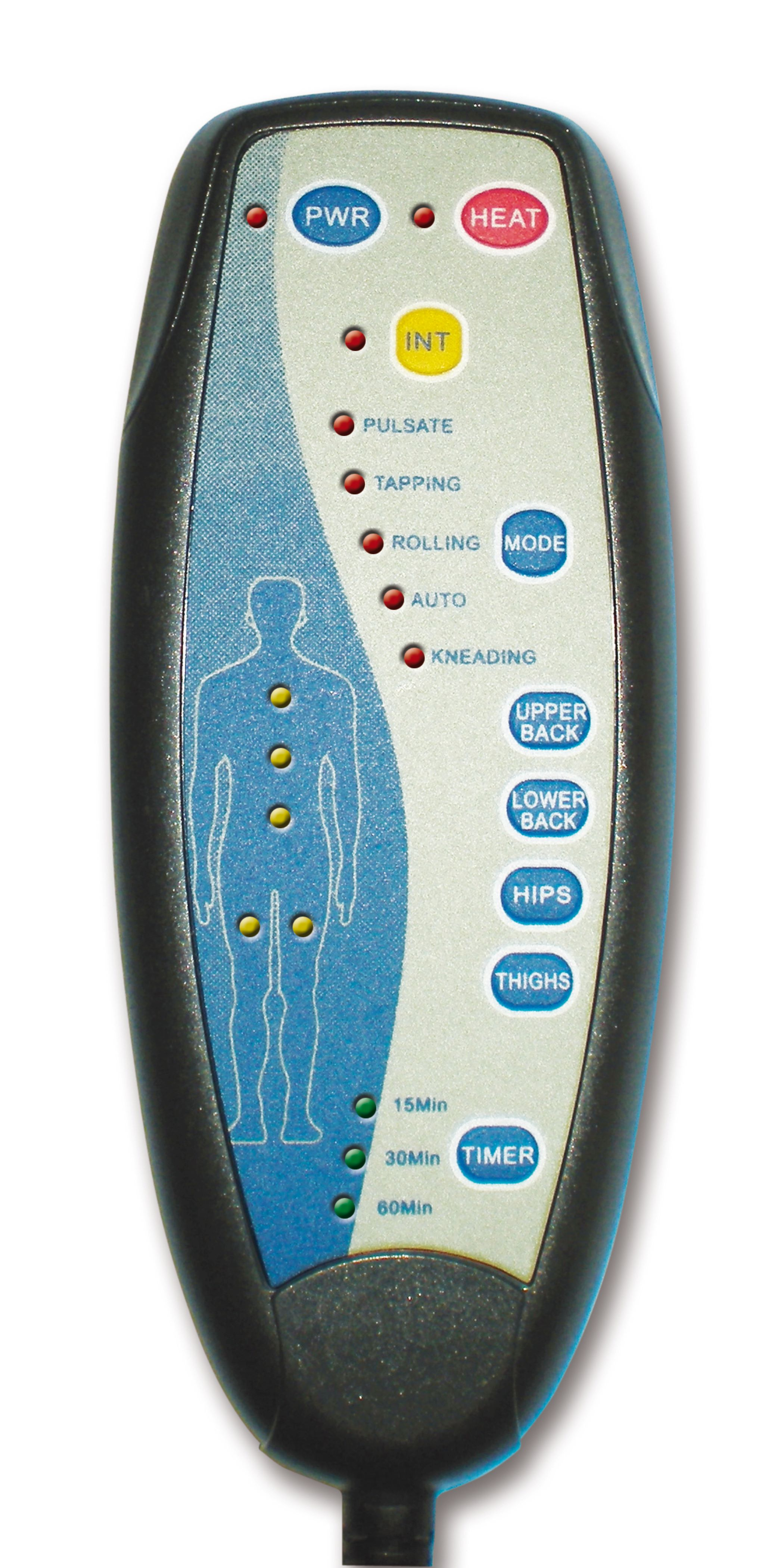 Pannello di controllo massaggio nero con più pulsanti e un diagramma del corpo. Mostra modalità calore e massaggio.