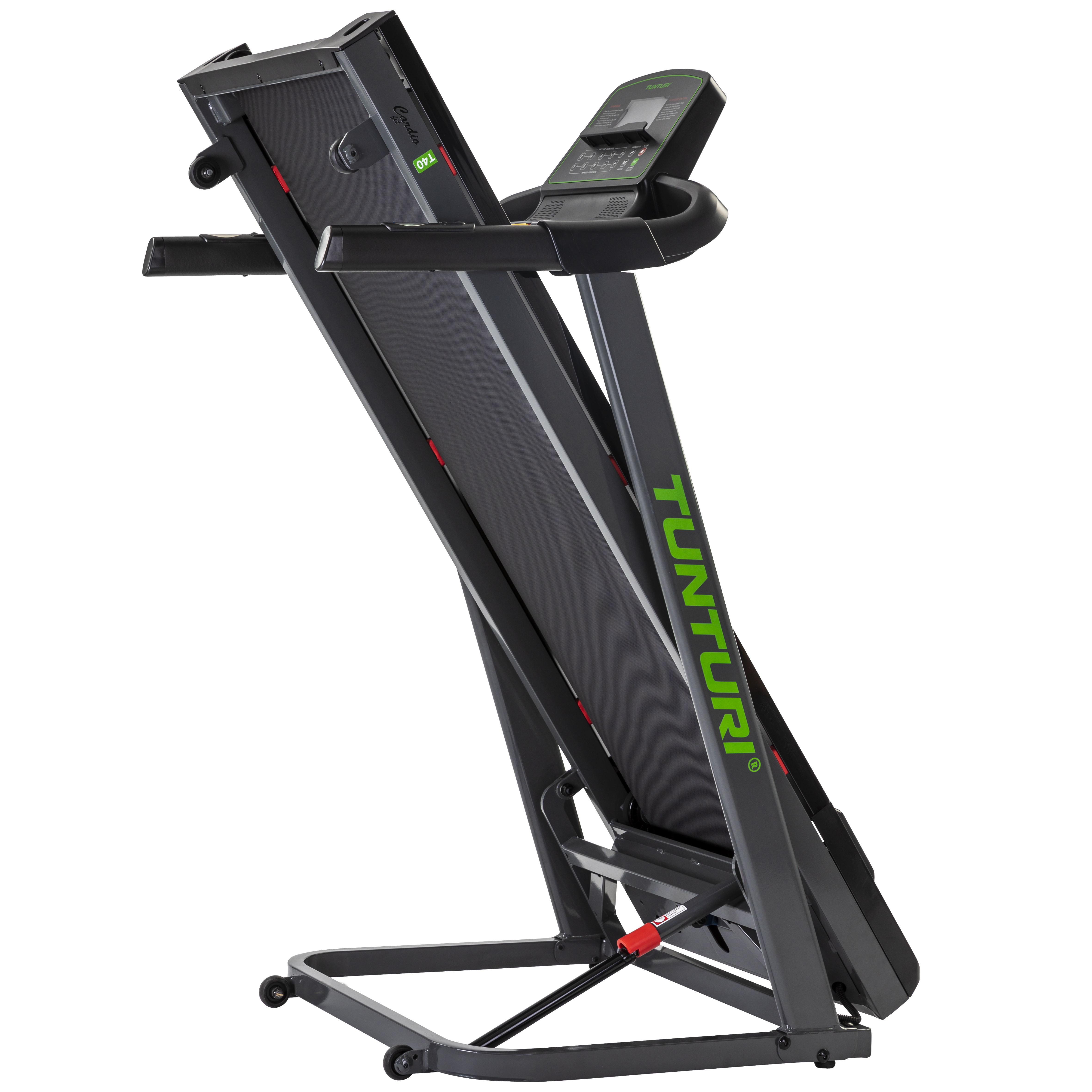 Loopband in grijs en zwart, gekanteld. Groene branding. Witte achtergrond.