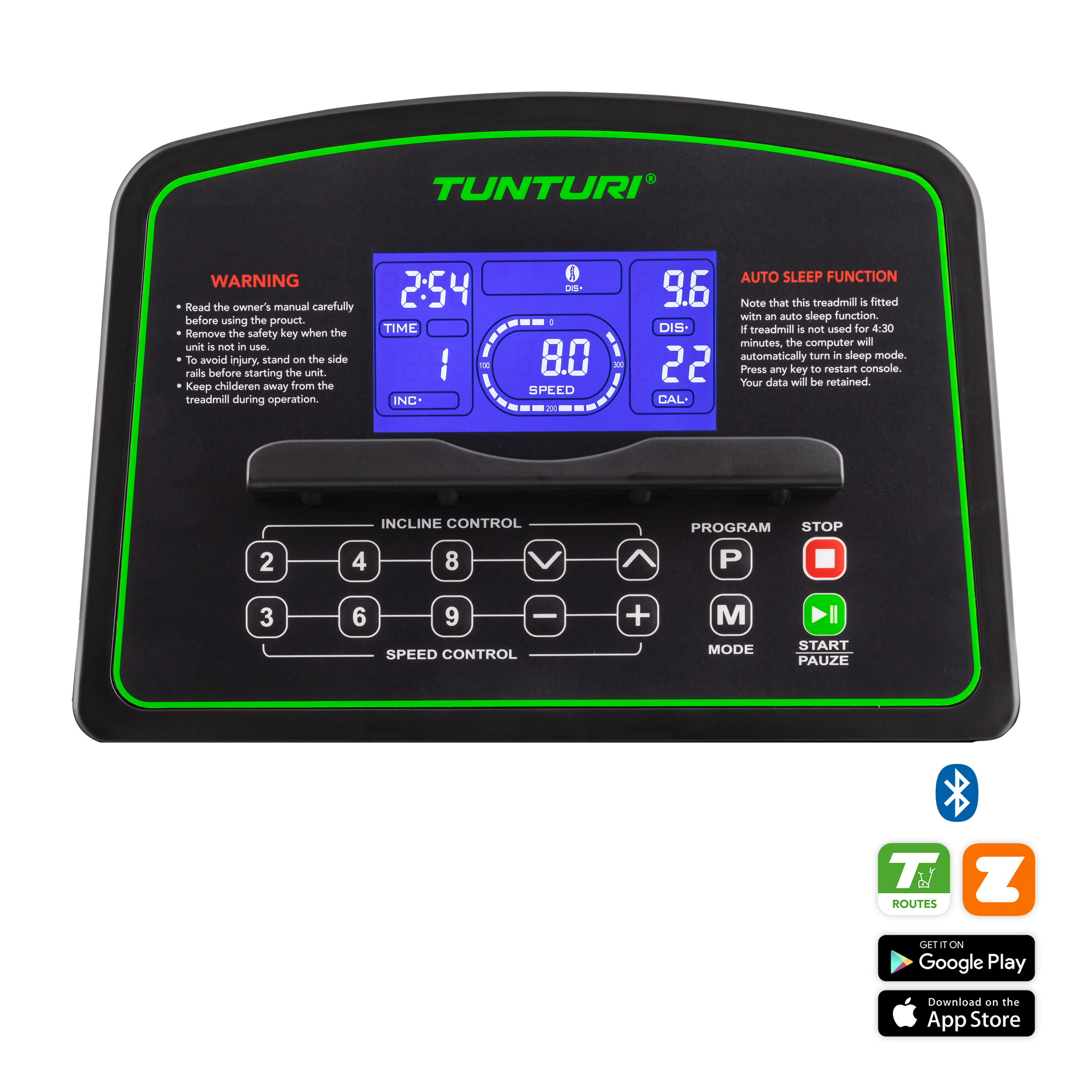 Loopband bedieningspaneel, zwart, groen, met digitaal display, knoppen.