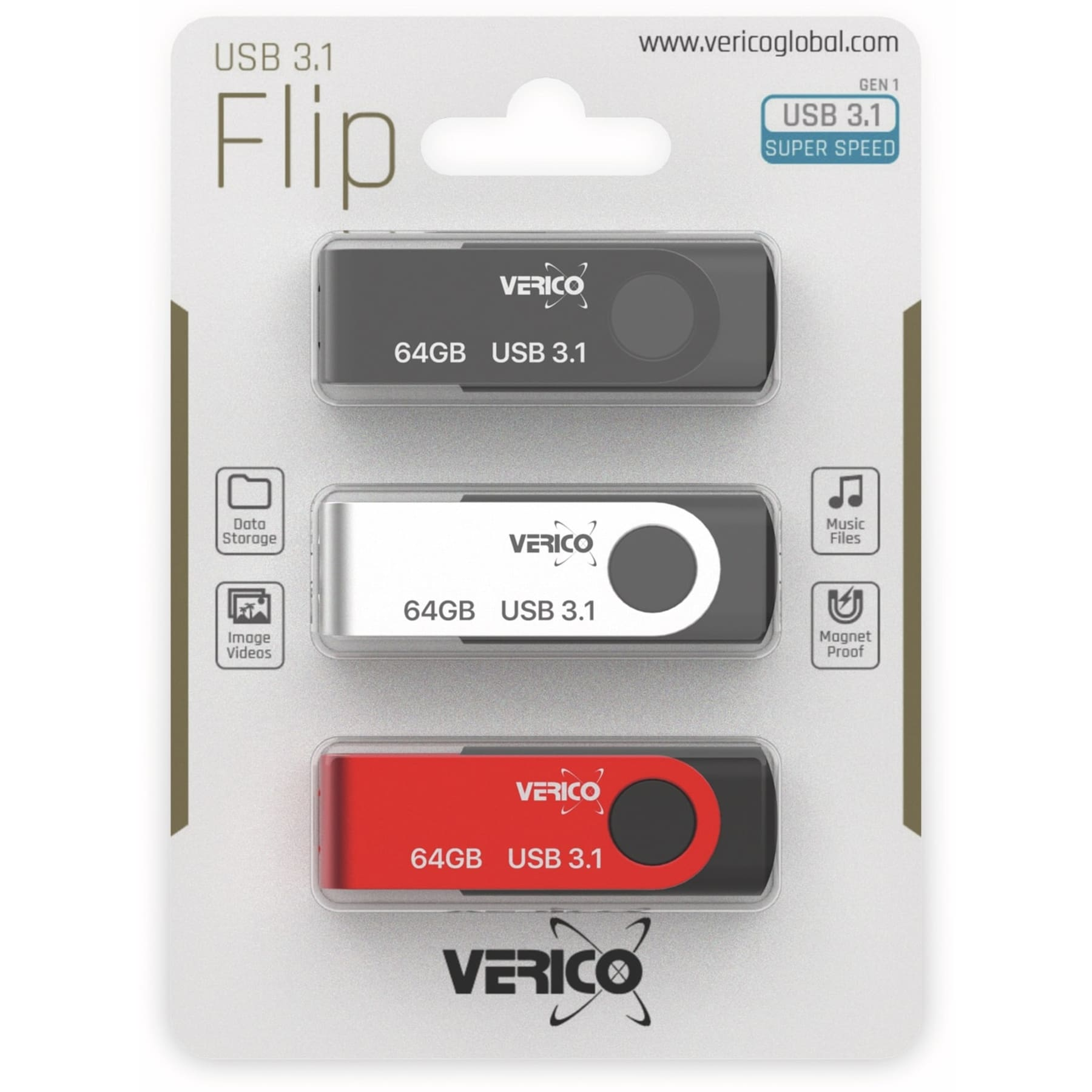 Confezione con tre unità USB: nera, argento e rossa, etichettate 64GB USB 3.1.