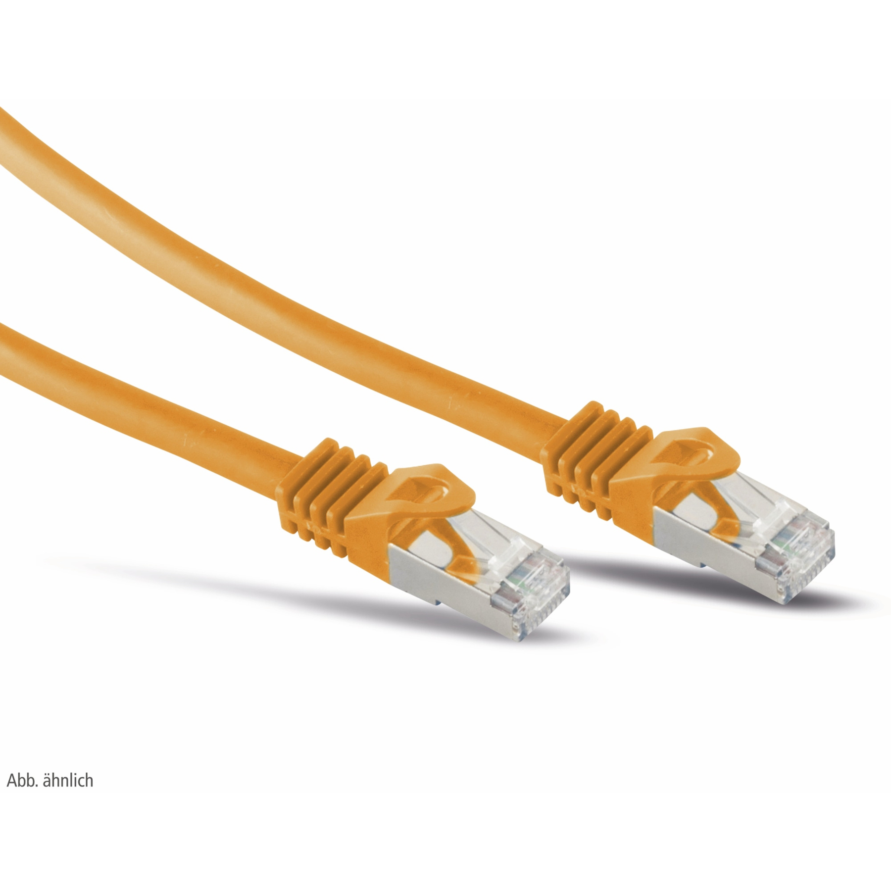Zwei orangefarbene Ethernet-Kabel mit Steckern vor weißem Hintergrund.