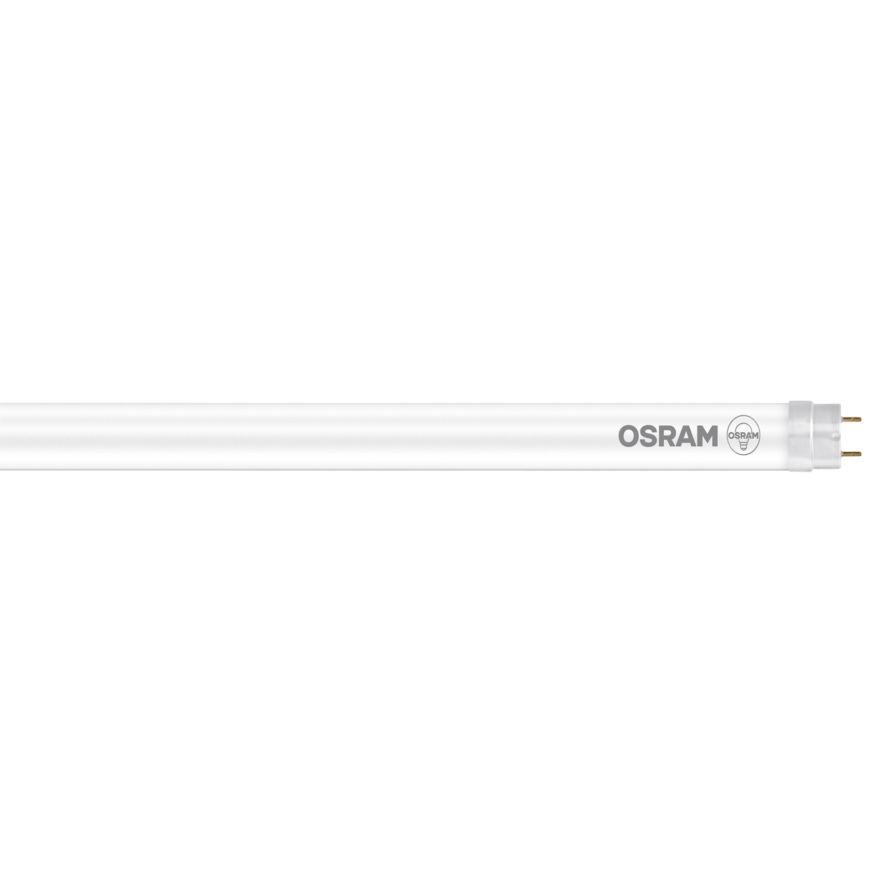 Lange weiße Leuchtstoffröhre mit Osram-Logo. Weißer Hintergrund.