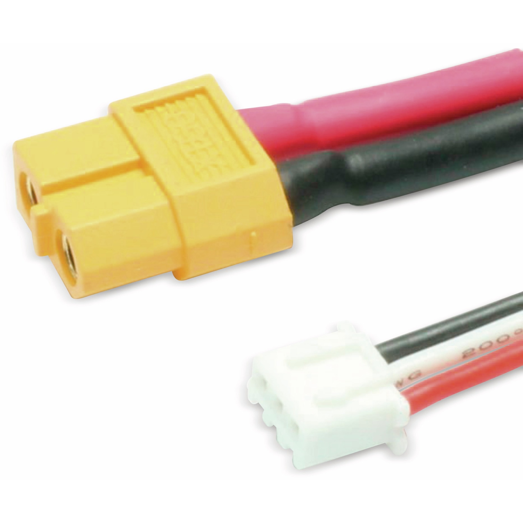 Gelbe und weiße Stecker mit roten und schwarzen Kabeln. Nahaufnahme.