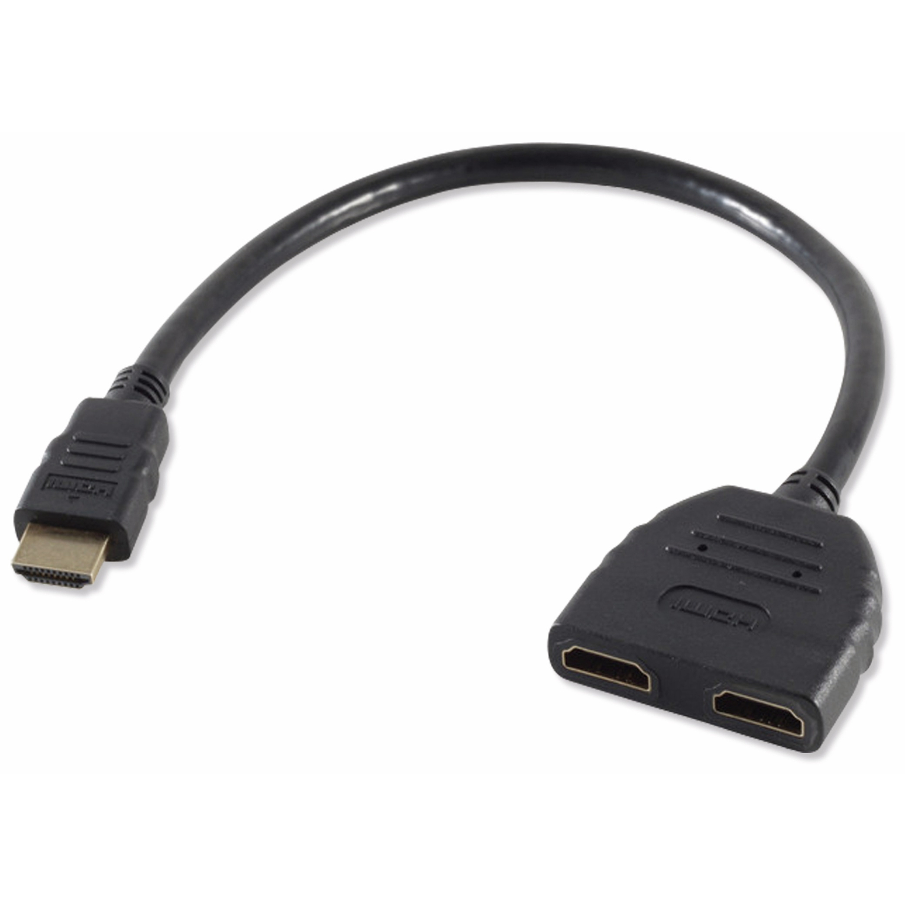 Schwarzer HDMI-Splitter mit zwei HDMI-Ausgängen und einem Eingang. Isoliert auf Weiß.
