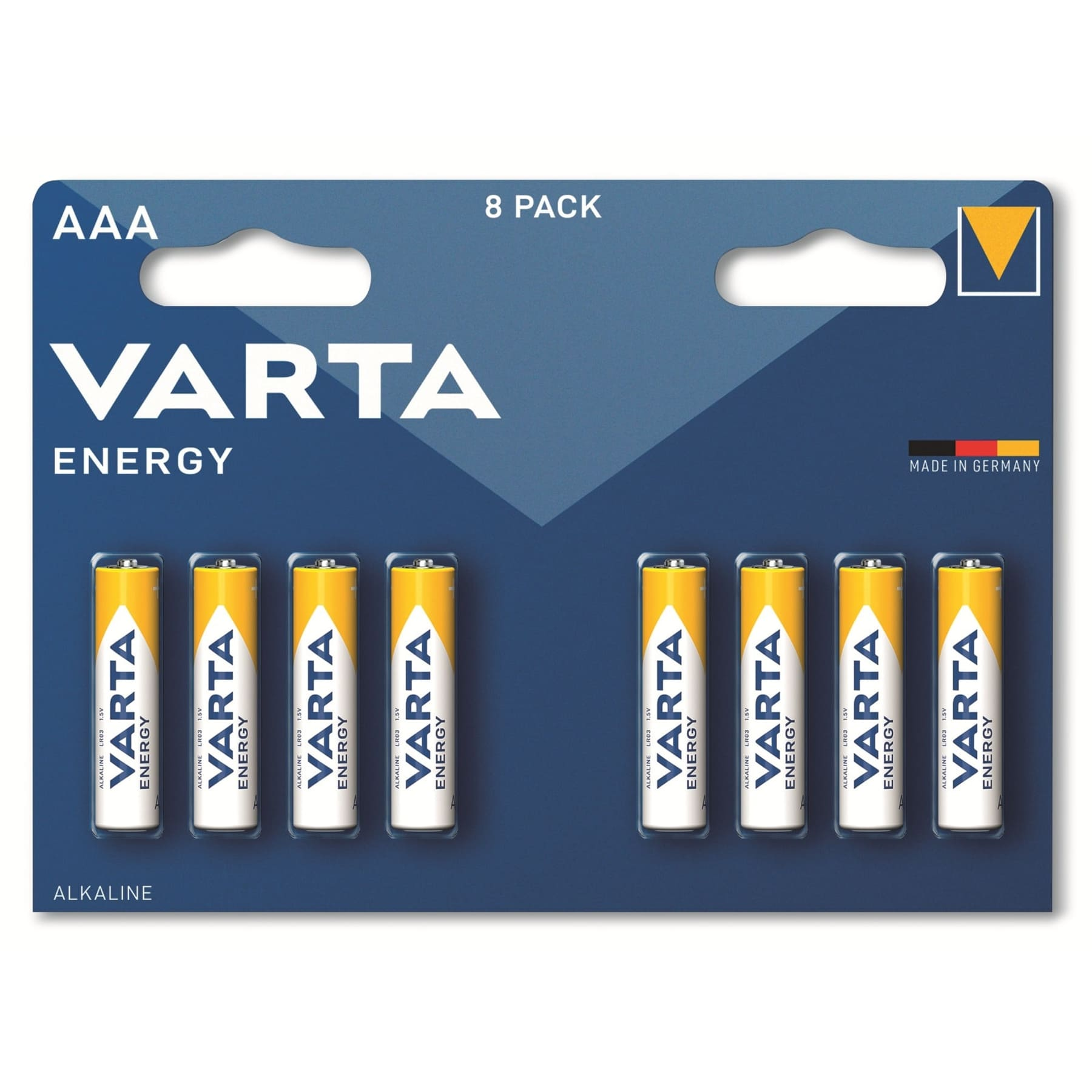 Baterie AAA VARTA Energy w opakowaniu ośmiu na niebieskiej i białej karcie.