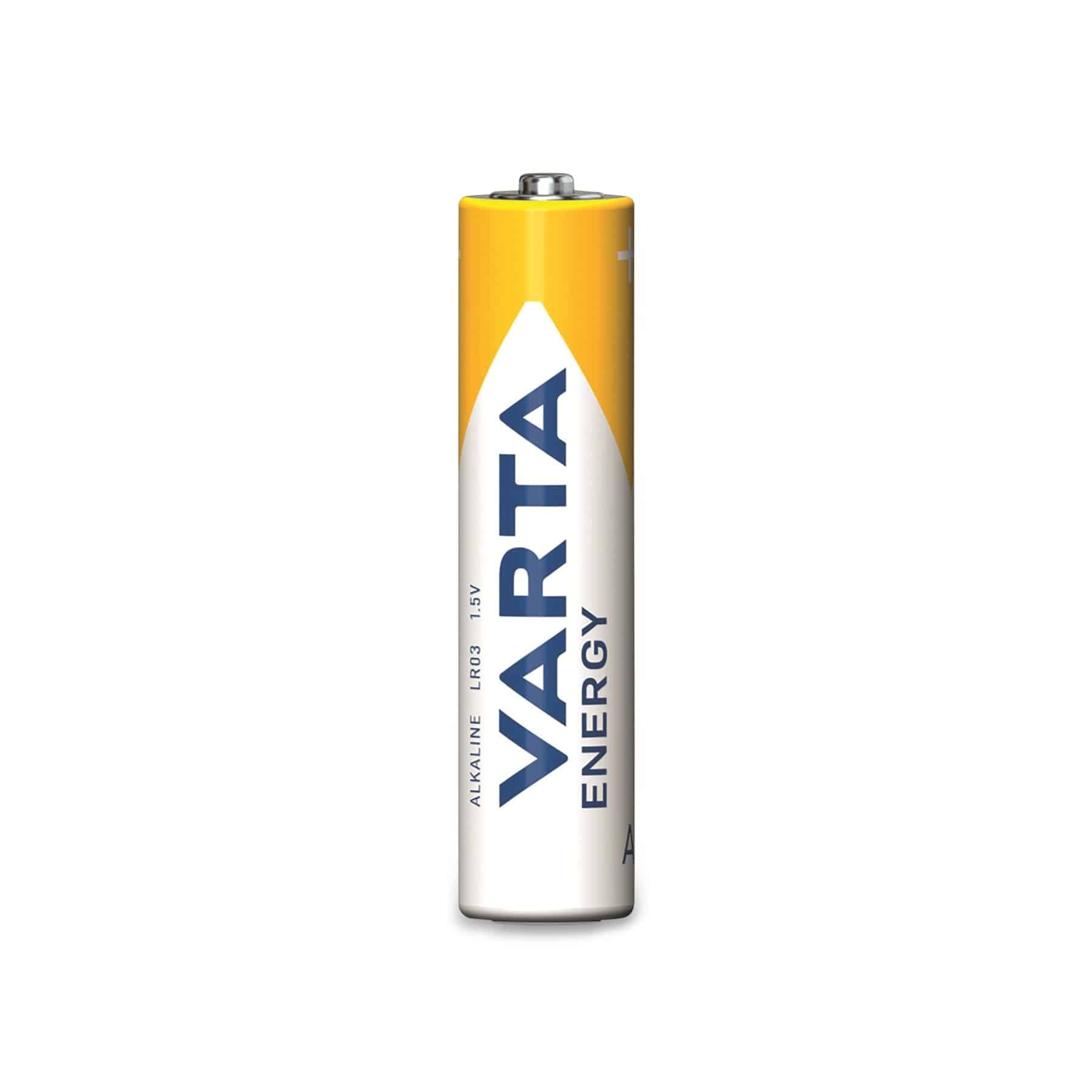 Bateria VARTA Energy AA, biało-żółta, z niebieskim logo VARTA, stoi na białym tle.