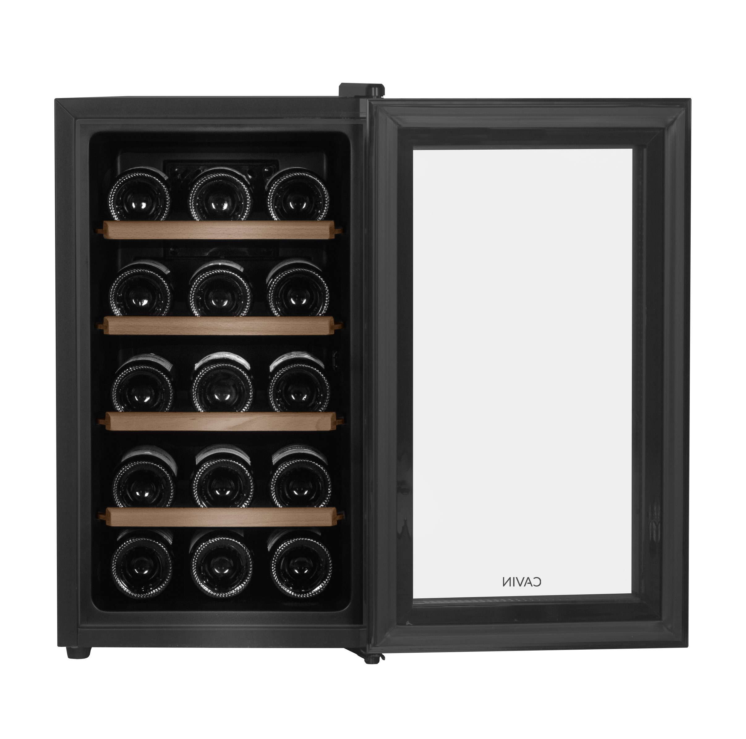 Weinkühler mit offener Glastür. Flaschen innen, Holzregale. Schwarze Außenseite.