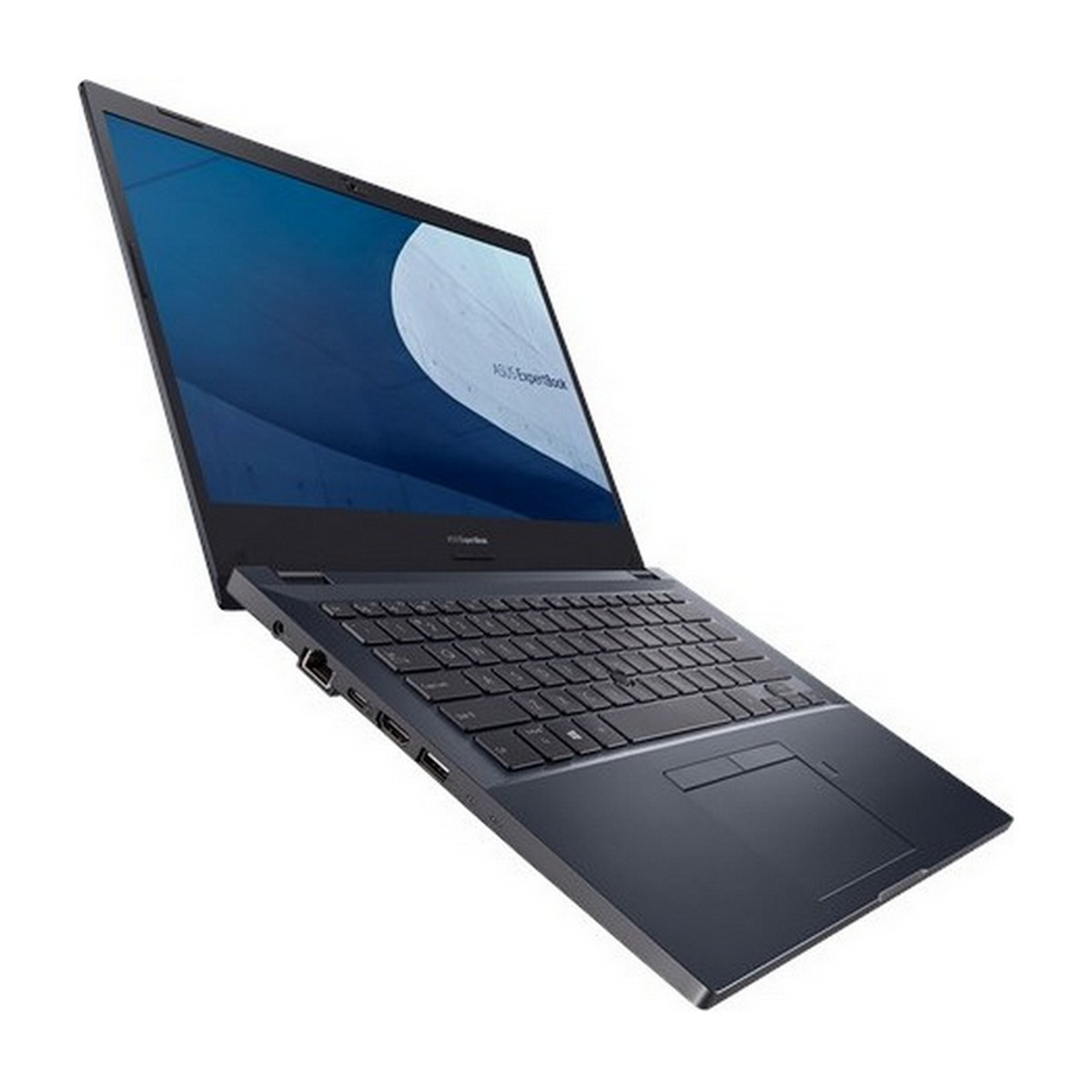 Un laptop scuro, leggermente angolato, aperto. Tastiera e touchpad visibili. Sfondo bianco.