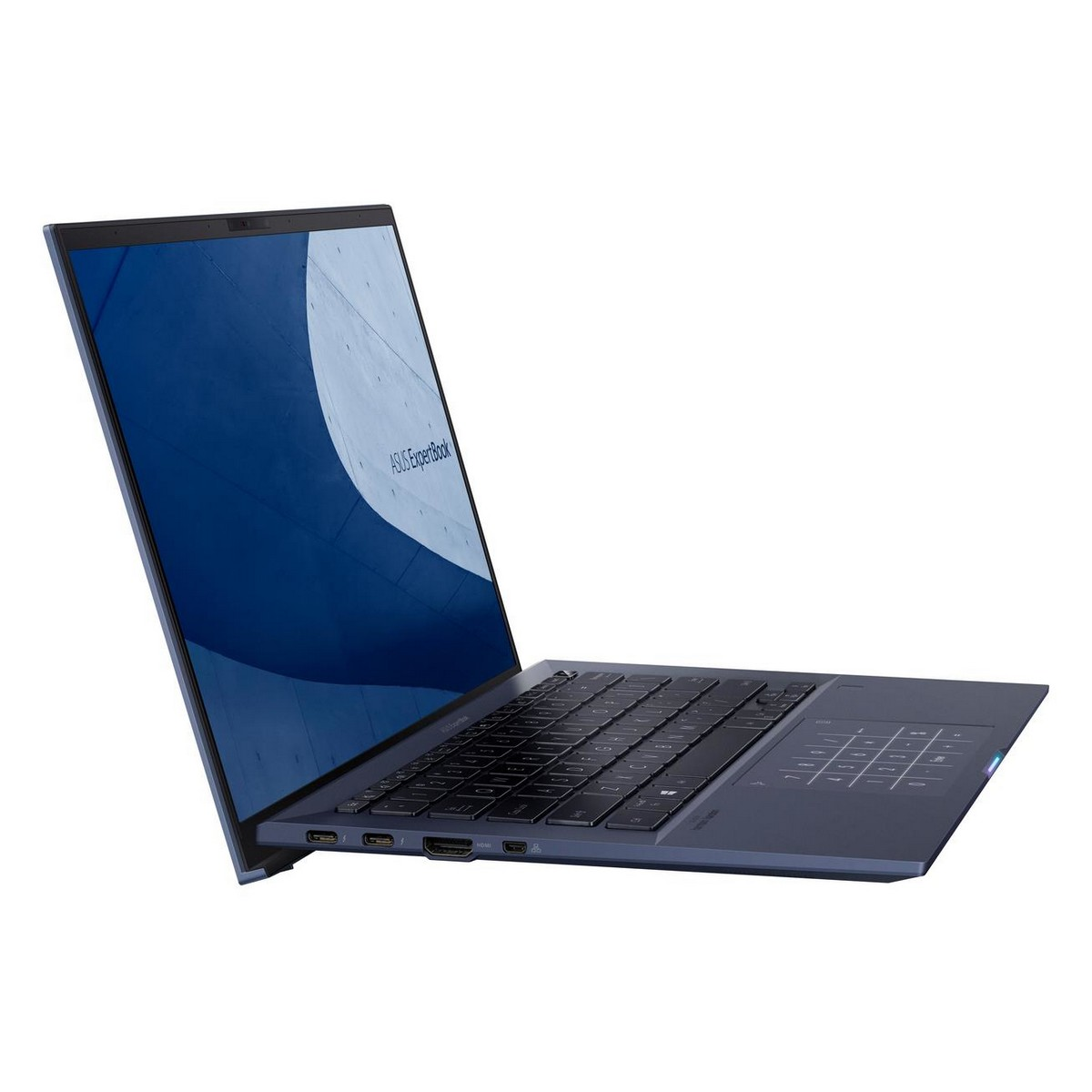 Laptop blu con ASUS ExpertBook sullo schermo, vista angolata, sfondo bianco.