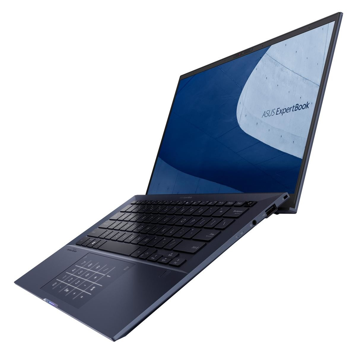 Laptop ASUS blu scuro, aperto, con schermo blu.