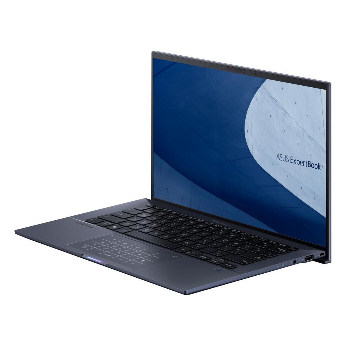 Laptop Asus ExpertBook aperto su superficie bianca. Schermo blu con design edificio.