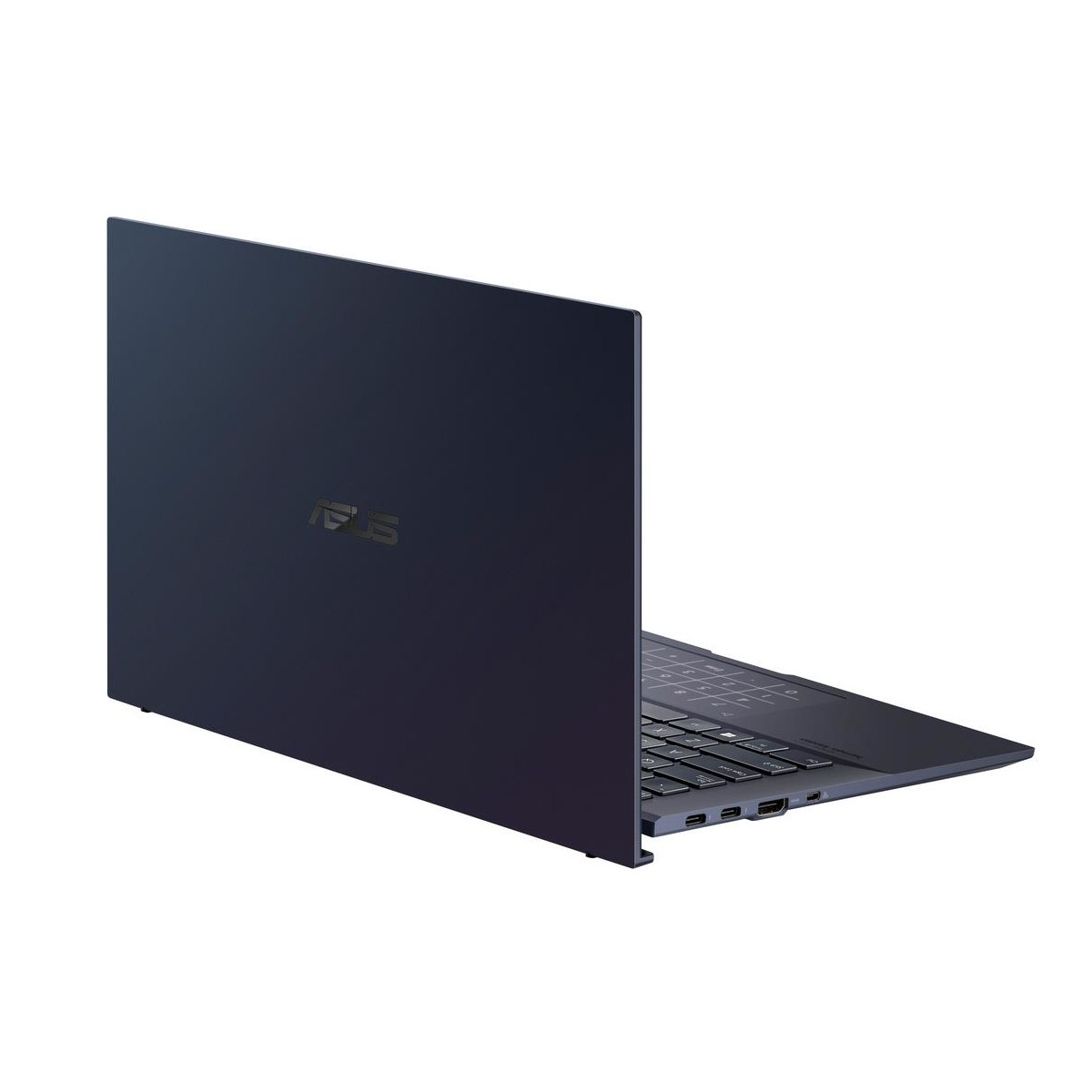 Laptop blu scuro da un lato. Il logo ASUS è visibile. La tastiera è parzialmente visibile.