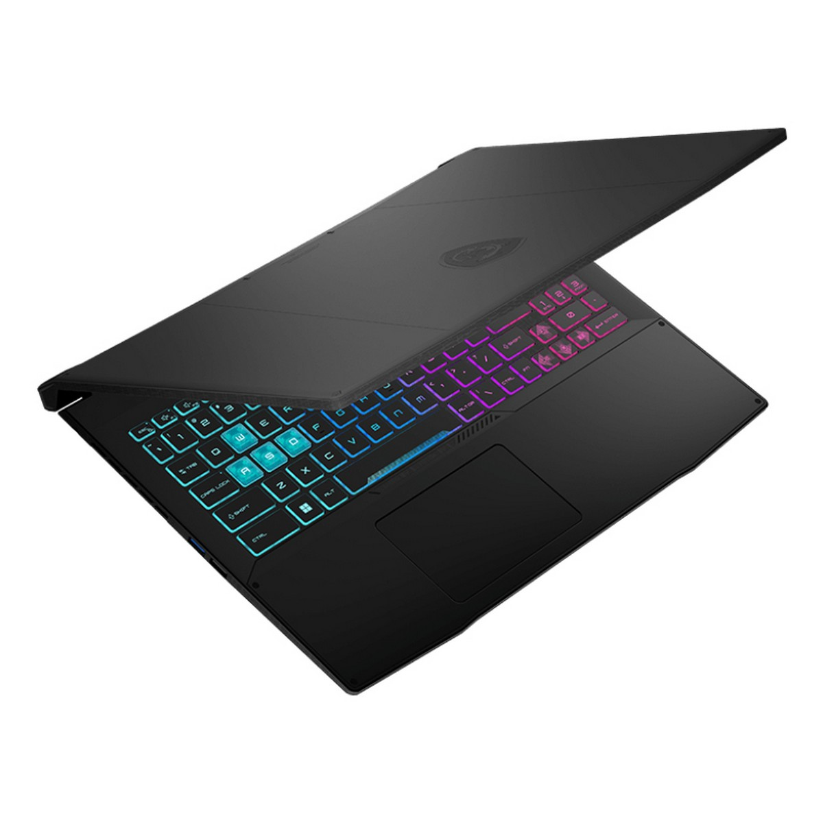 Laptop MSI nero, parzialmente aperto, con tastiera colorata illuminata. Sfondo bianco.