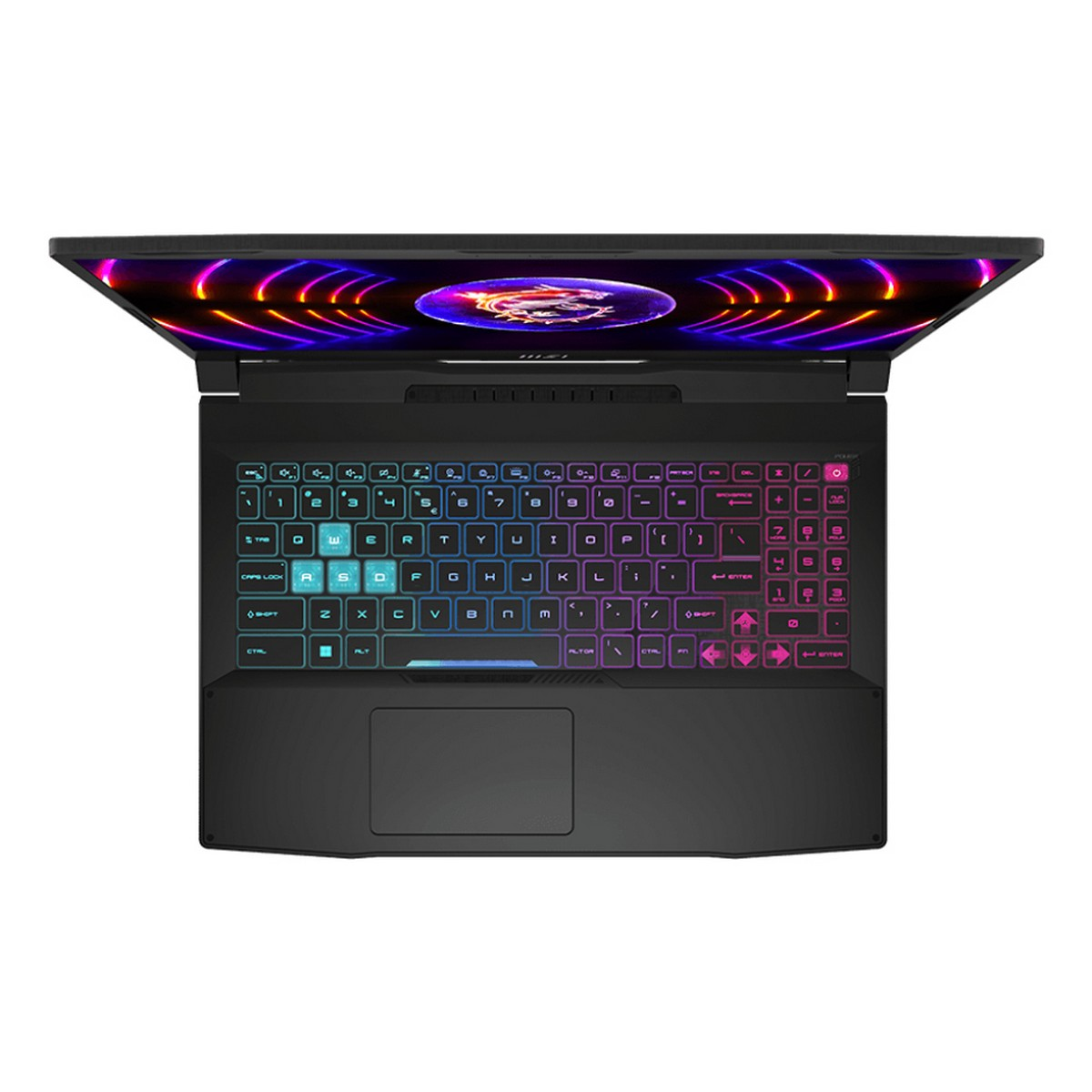 Vista dall'alto di un laptop nero con tastiera colorata, che mostra uno schermo vibrante.