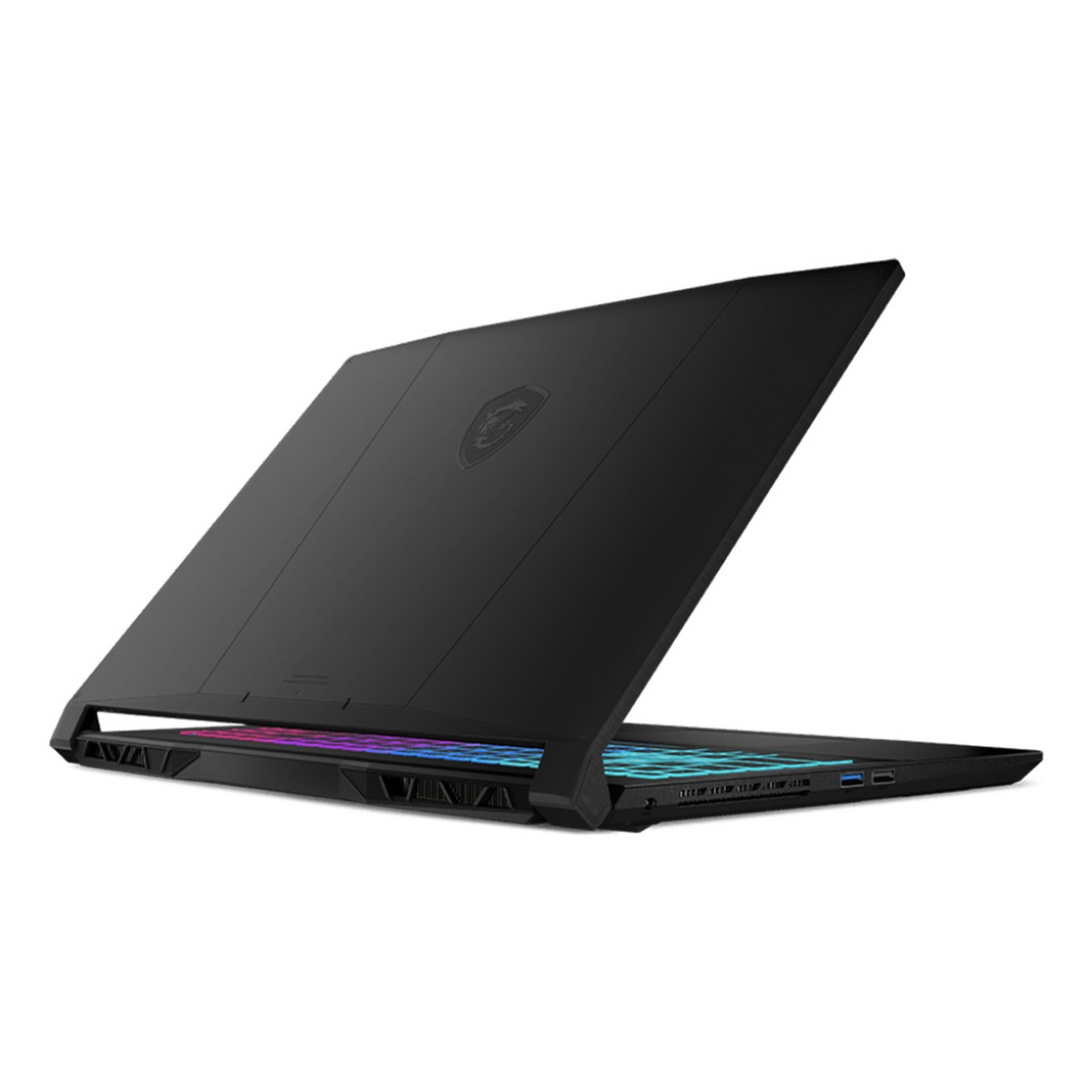 Laptop nero, aperto, mostra tastiera e schermo. Logo MSI sul retro.