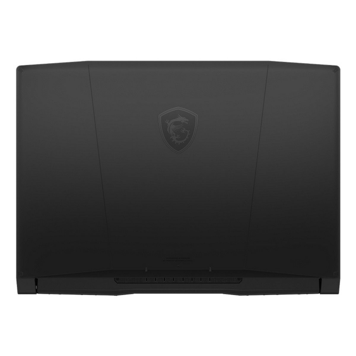 Retro del laptop MSI nero. Il logo è visibile. Lo sfondo è bianco.