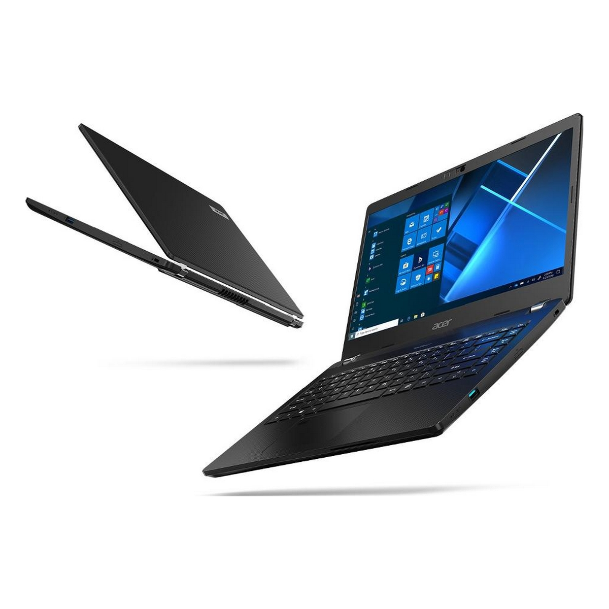 Laptop nero, aperto e chiuso, vista laterale, fluttuante nello spazio.
