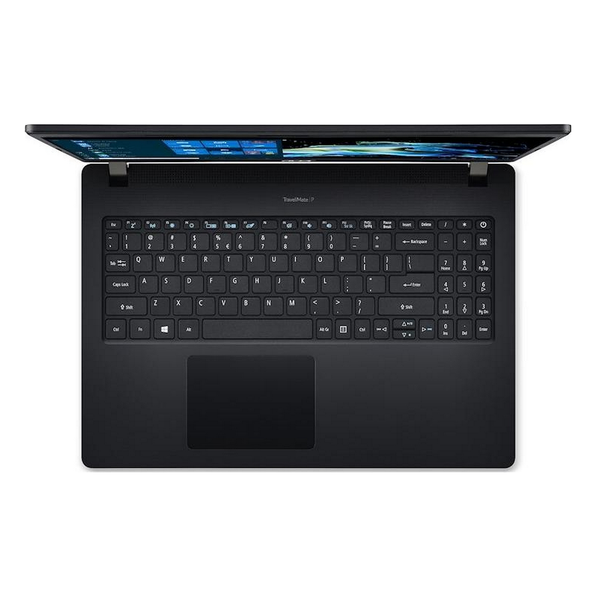 Laptop Acer aperto. La tastiera è nera. Lo sfondo è bianco.