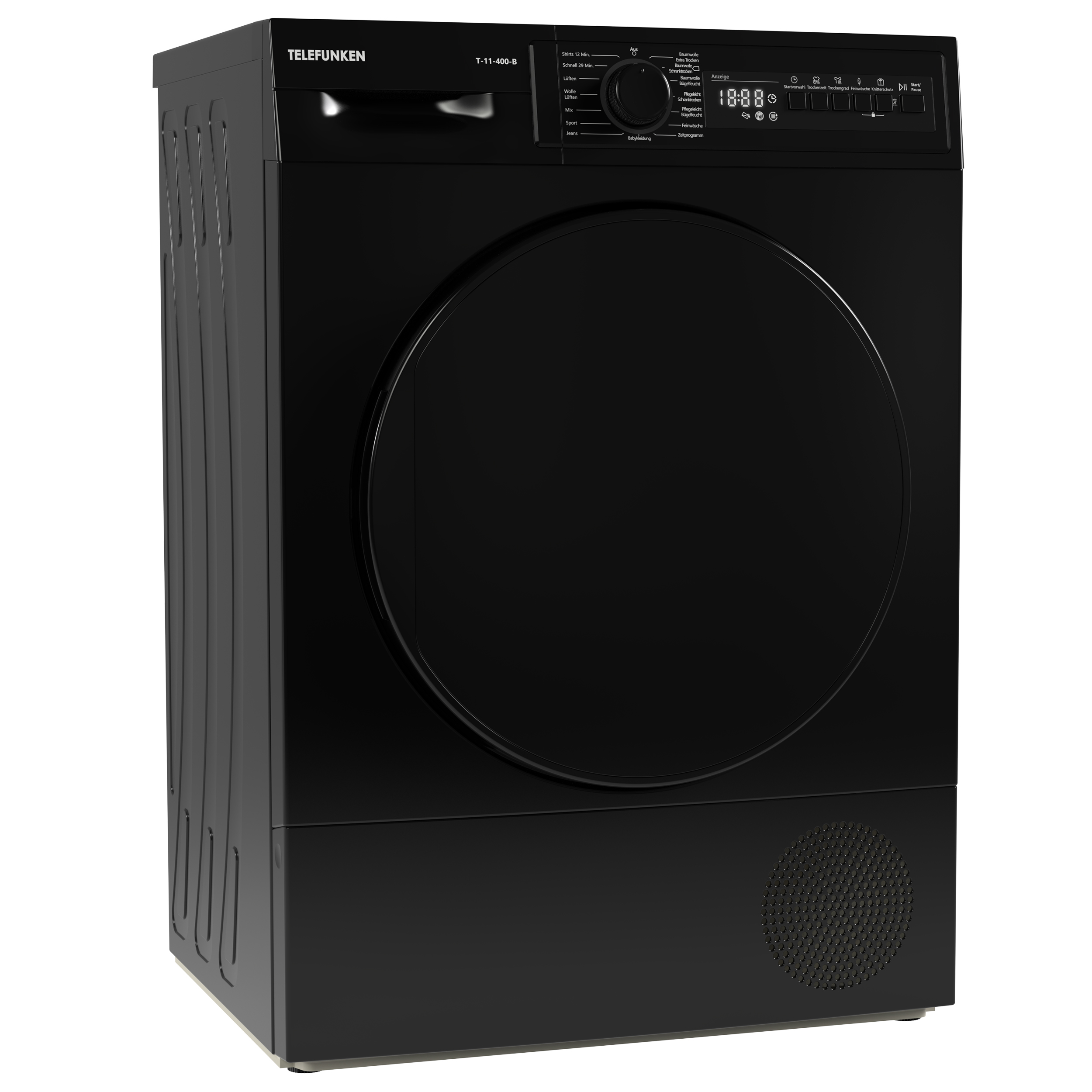 Eine schwarze Telefunken Trocknermaschine, Seitenansicht, mit Bedienfeld und Tür.