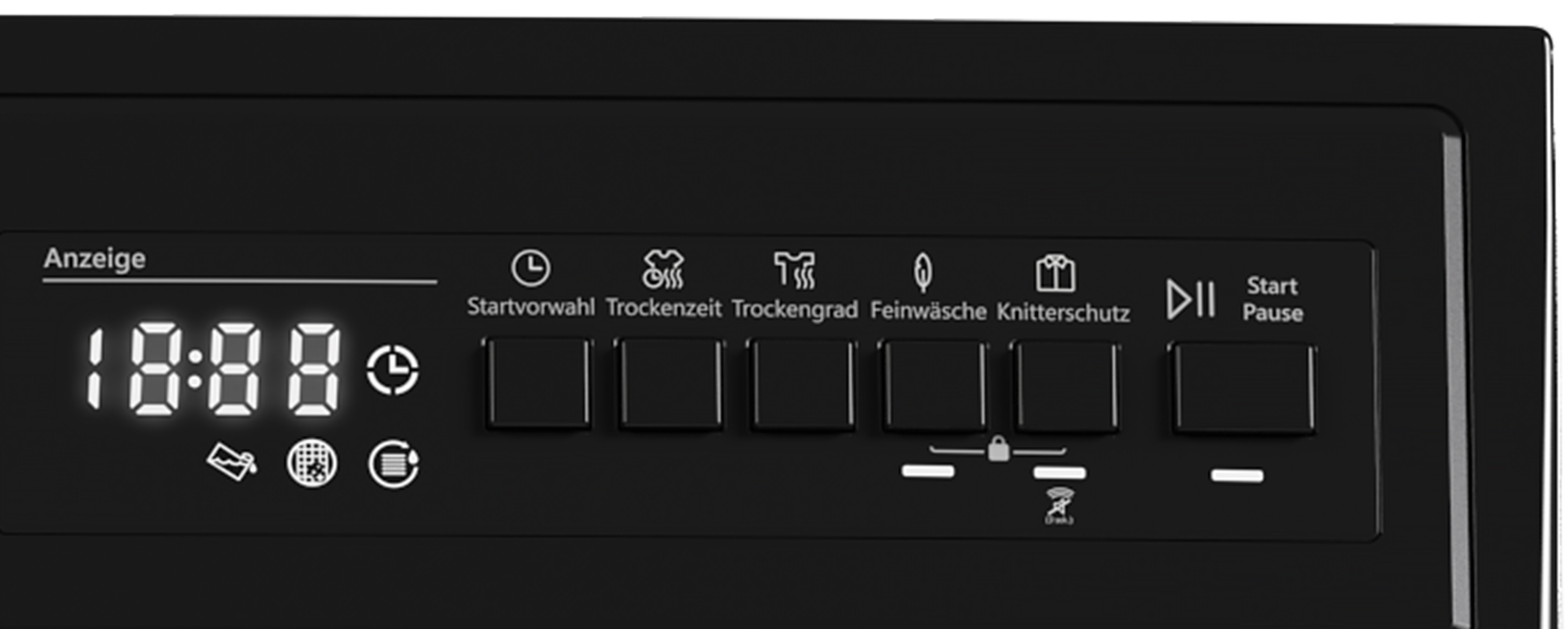 Schwarzes Waschmaschinen-Bedienfeld mit Digitalanzeige und Funktionstasten.