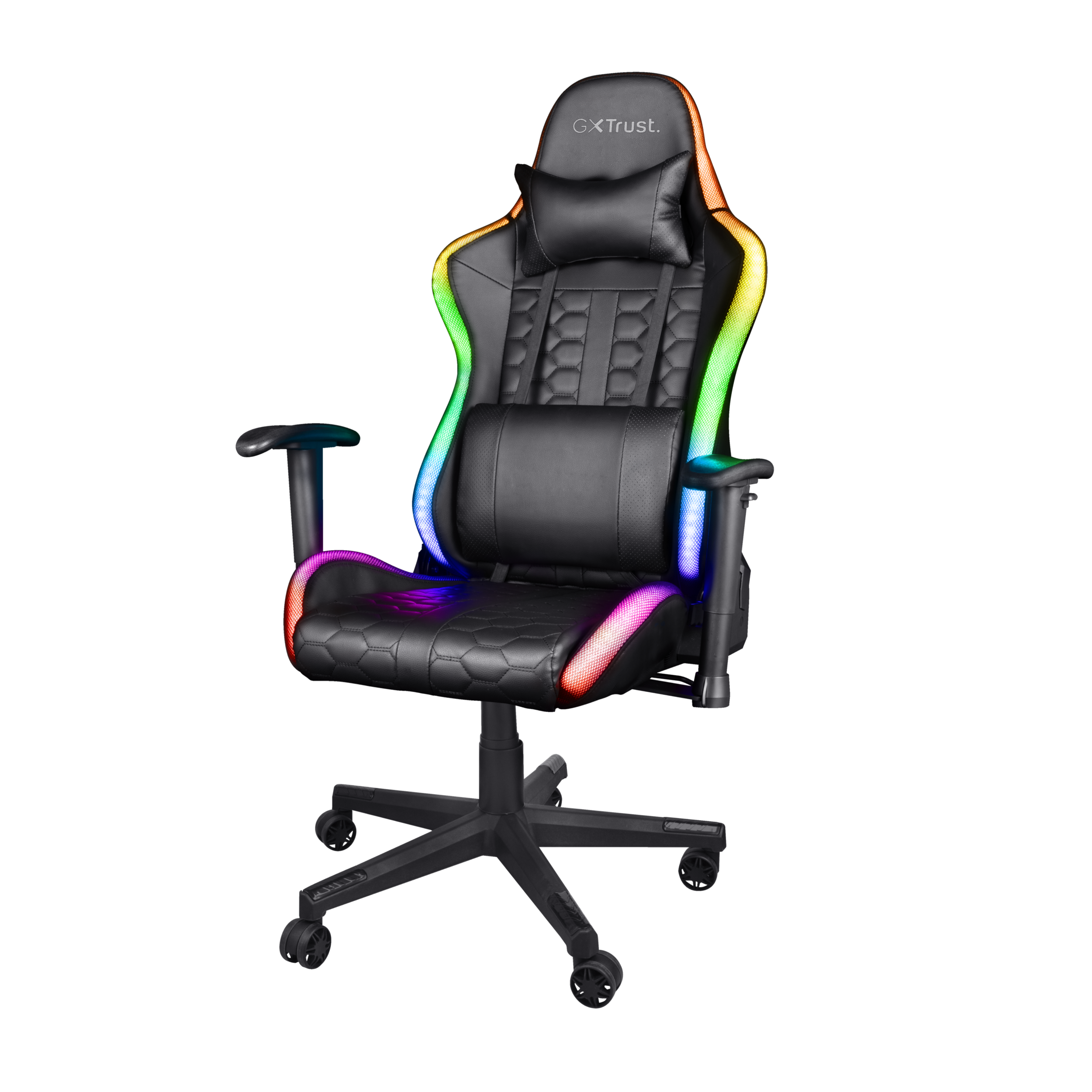 Schwarzer Gaming-Stuhl mit RGB-Beleuchtung. Schwarzer Hintergrund.