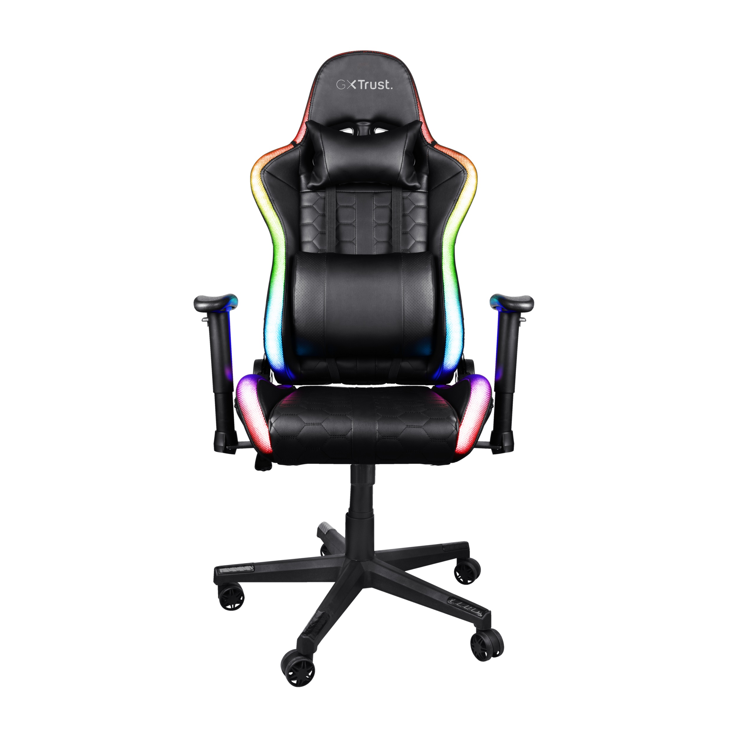 Gaming-Stuhl, schwarz, mit RGB-Lichtern an den Rändern. Rücken und Kopfstütze, mit schwarzem Hintergrund.