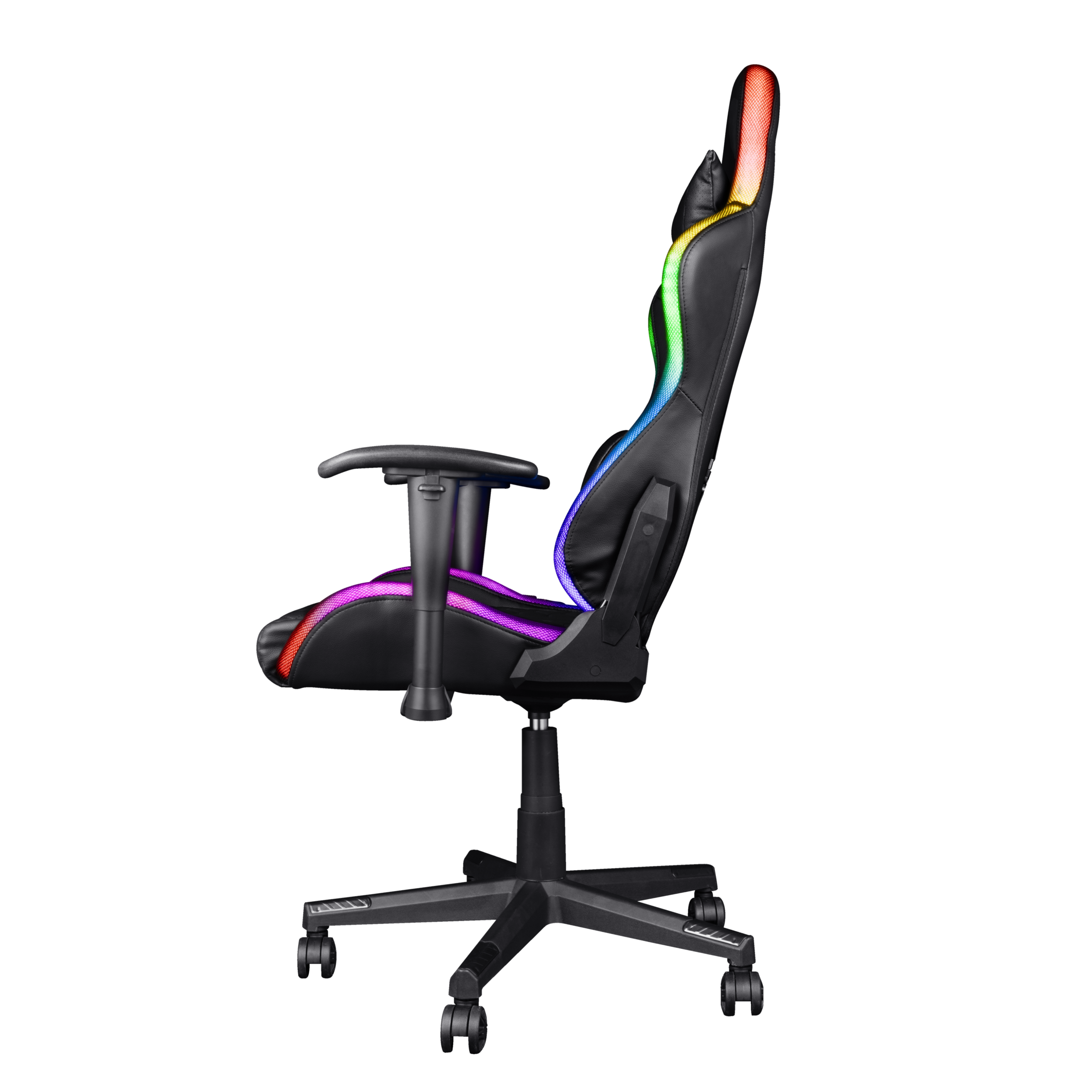 Schwarzer Gaming-Stuhl mit bunten LED-Leuchten auf schwarzem Hintergrund.
