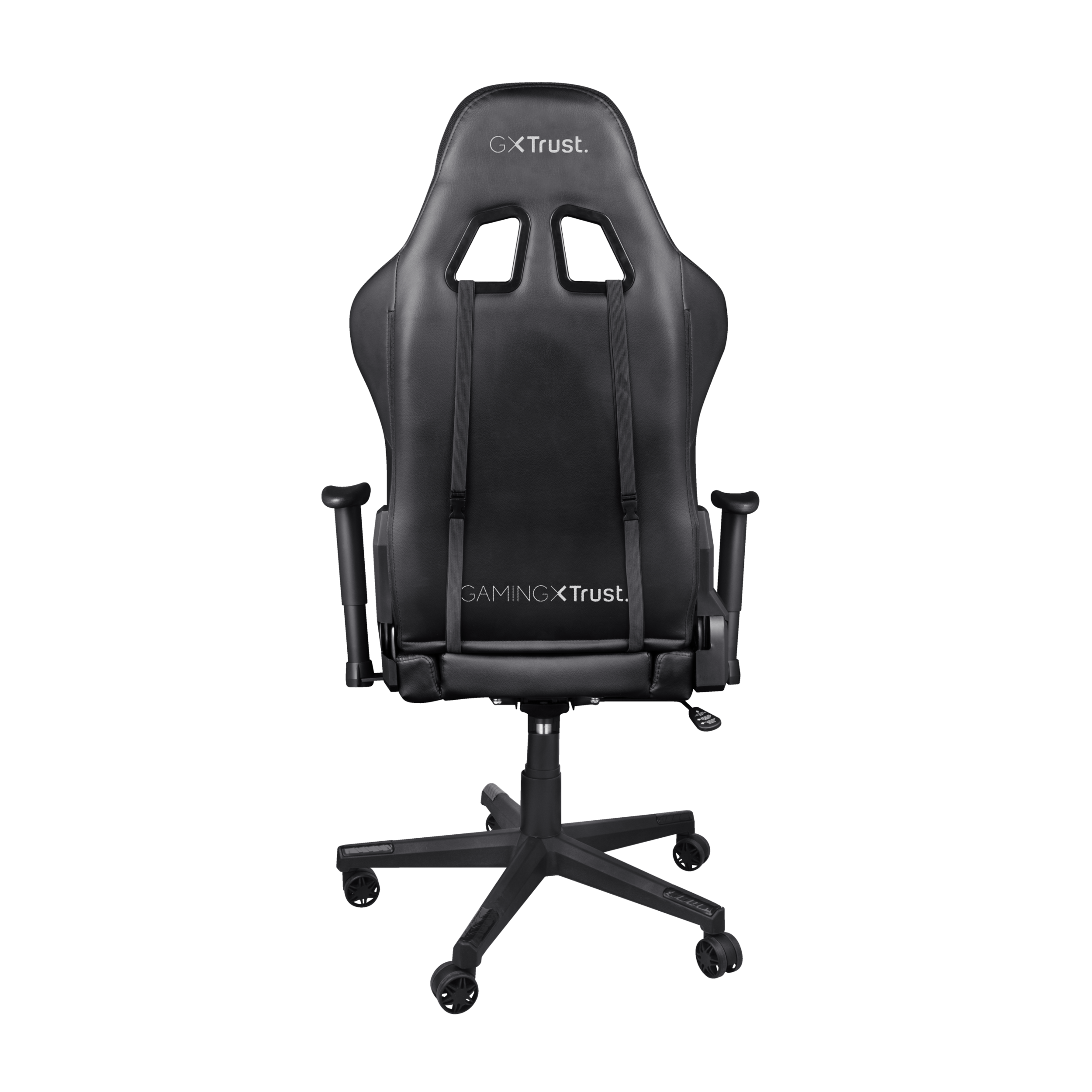 Rückseite eines schwarzen Gaming-Stuhls. Der Stuhl hat ein schwarzes Gestell, Armlehnen und ein Trust-Gaming-Logo. Schwarzer Hintergrund.