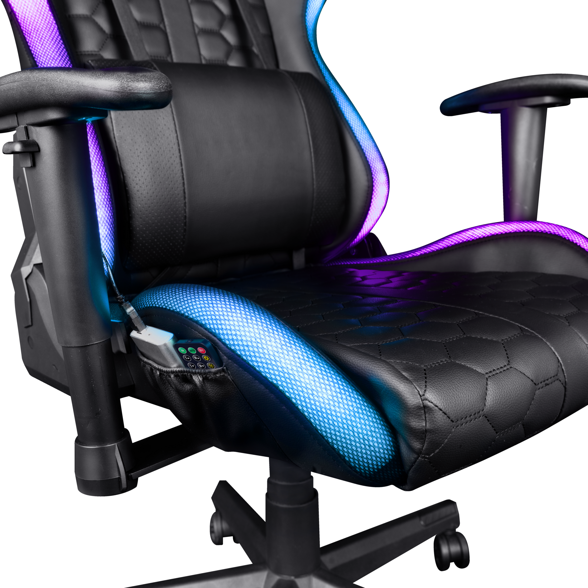 Ein schwarzer Gaming-Stuhl mit blauen und lila LED-Leuchten. Der Stuhl ist aus Leder mit sechseckigem Muster.