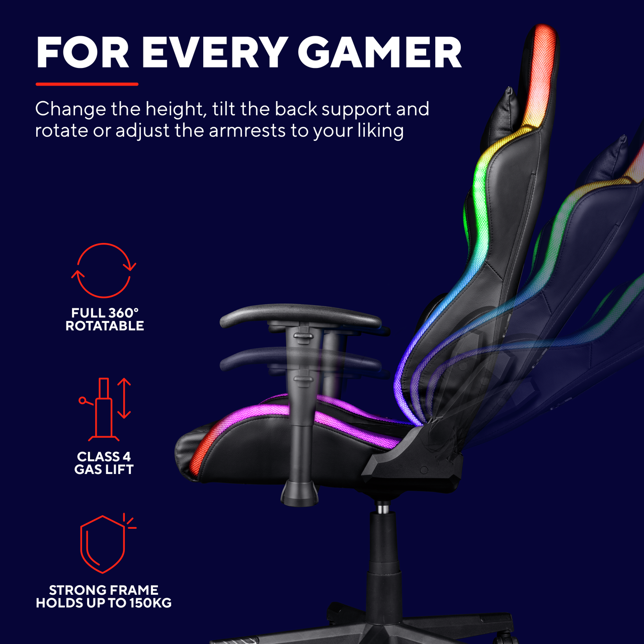 Gaming-Stuhl mit Höhen-, Neigungs- und Armlehnenverstellung. Verfügt über 360° Drehung, Gaslift und stabilen Rahmen.