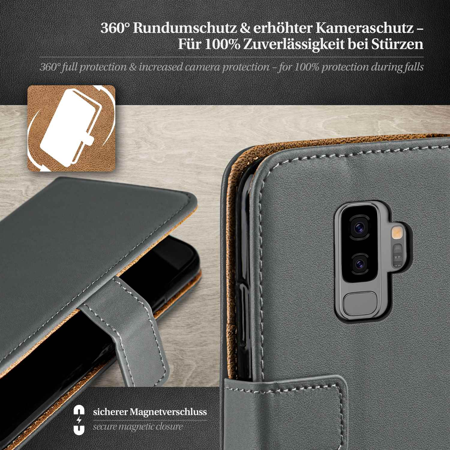 Handyhülle mit Magnetverschluss, zeigt Telefon- und Kameradetails.