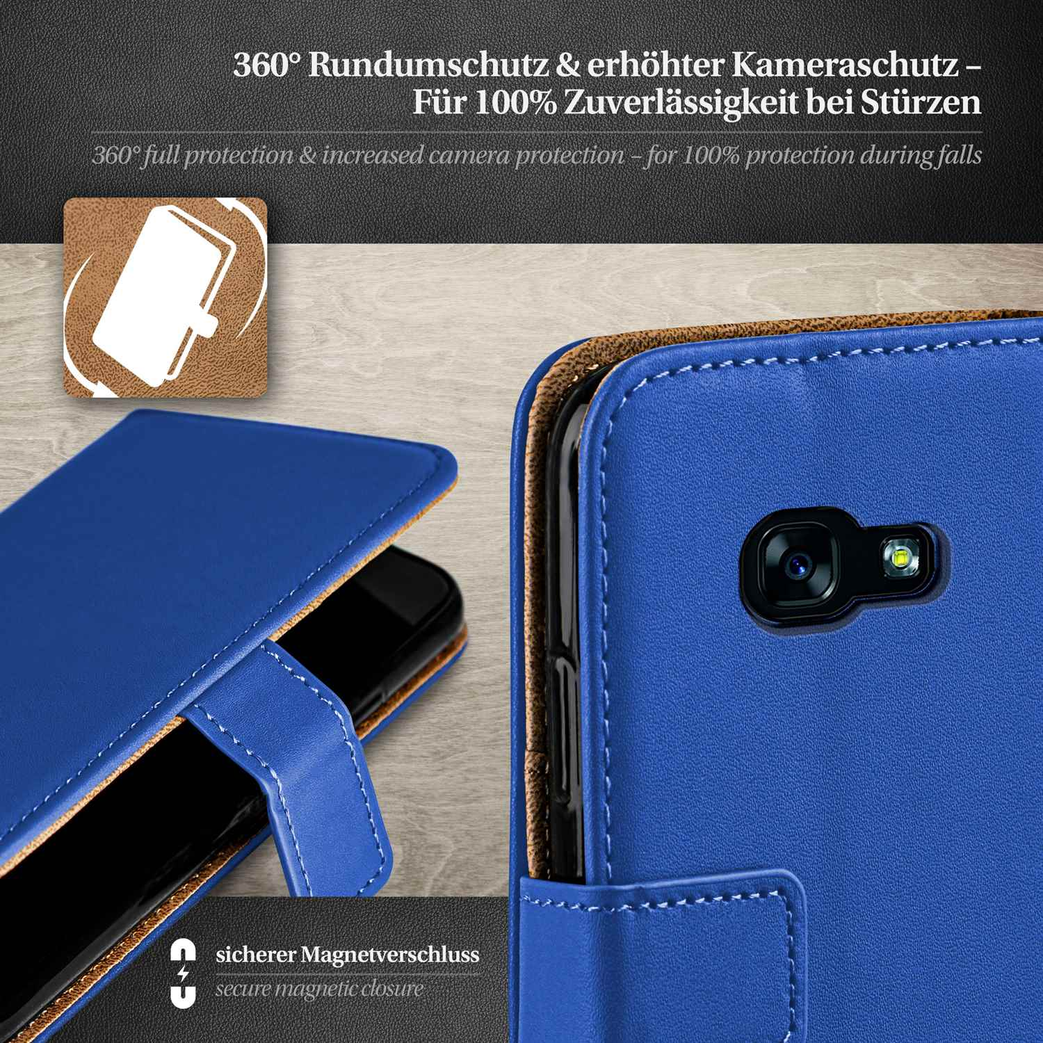Eine blaue Handyhülle mit einem Telefon darin, Nahaufnahme des Designs und eines sicheren Magnetverschlusses.