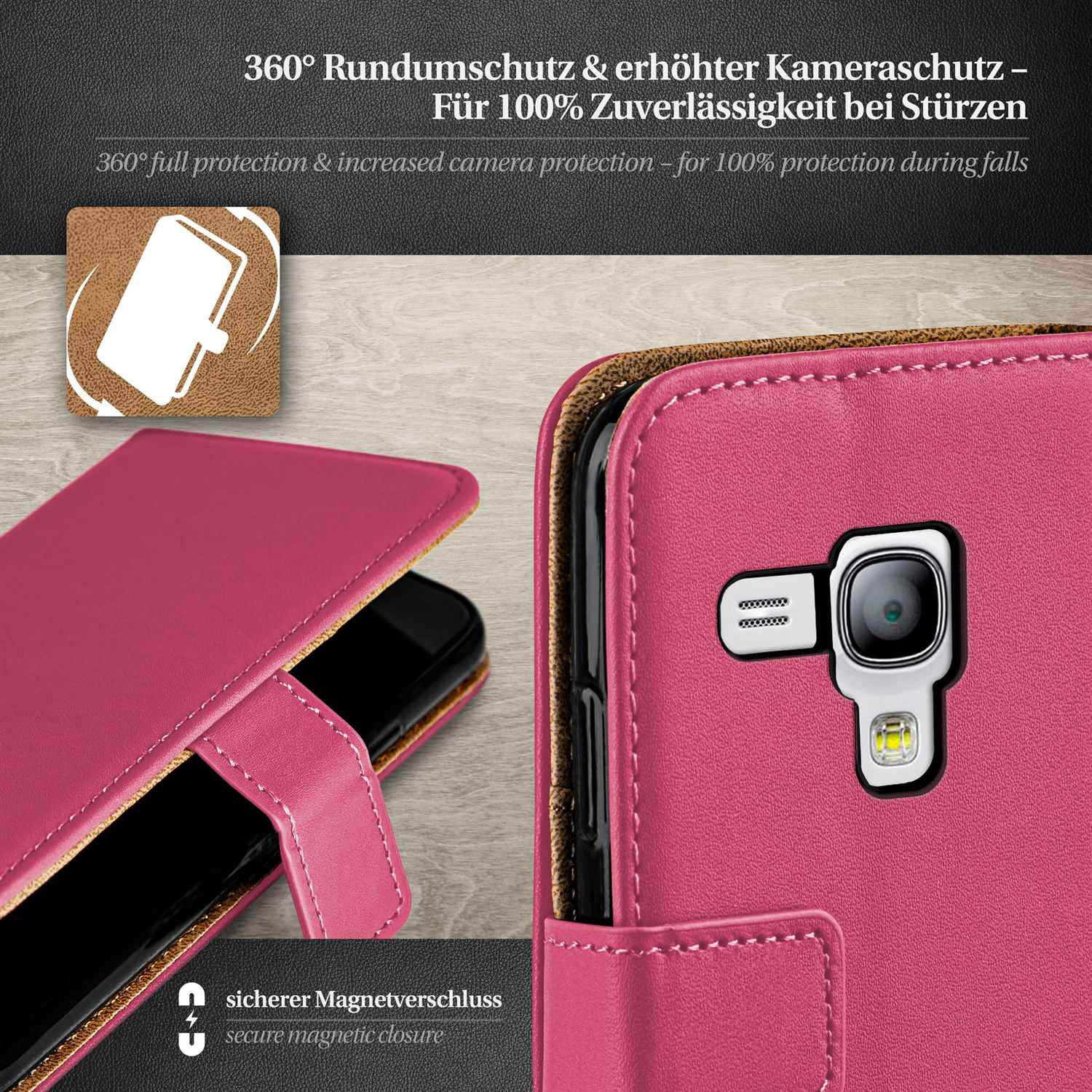Eine rosa Handyhülle mit Telefon darin, Nahaufnahme des Kamerabereichs mit Magnetverschluss.