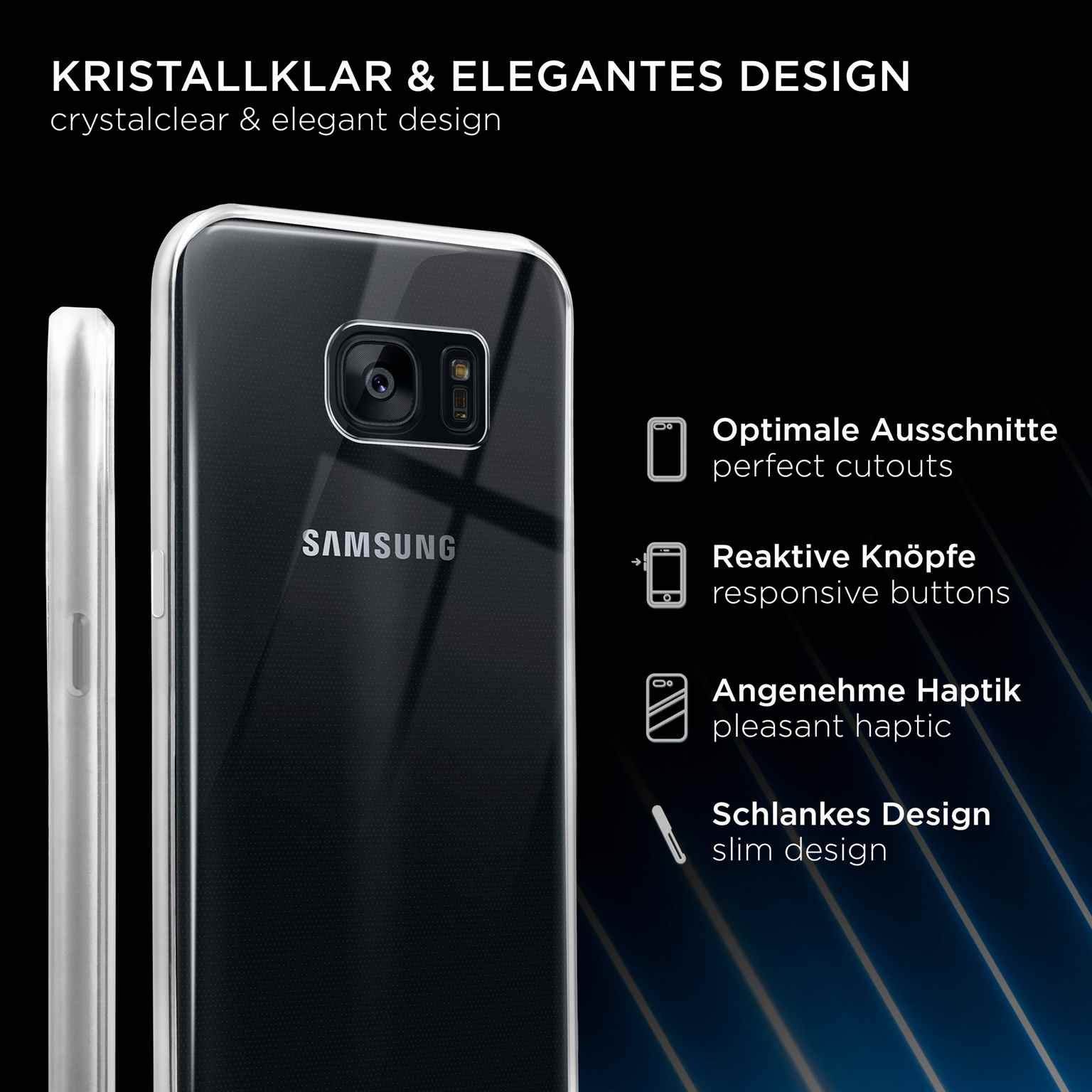 Ein schwarzes Telefon in einer transparenten Hülle. Die Hülle befindet sich auf weißem Hintergrund mit Designdetails.