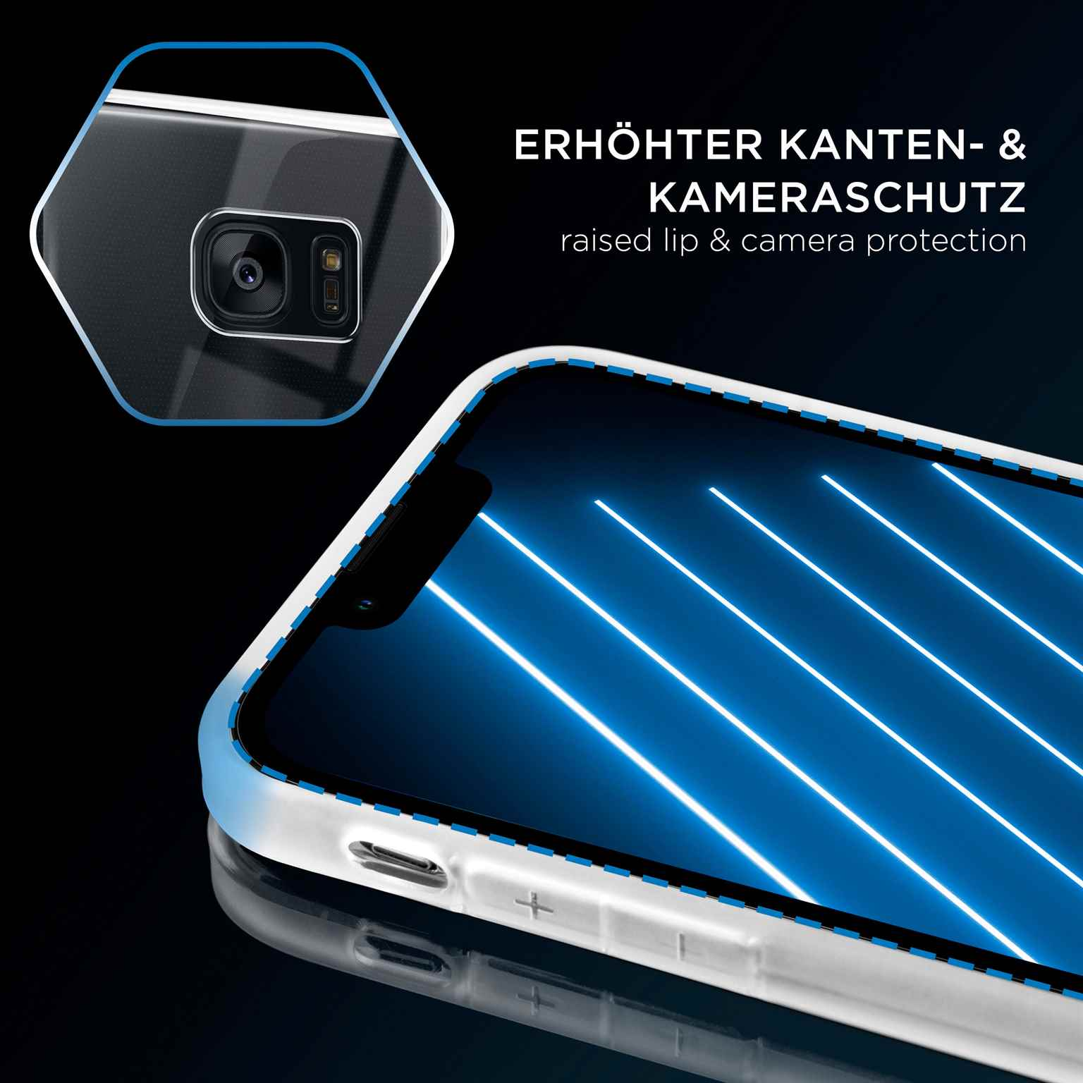Telefon in klarer Hülle mit blauen Linien auf dem Bildschirm, auf schwarzem Untergrund.