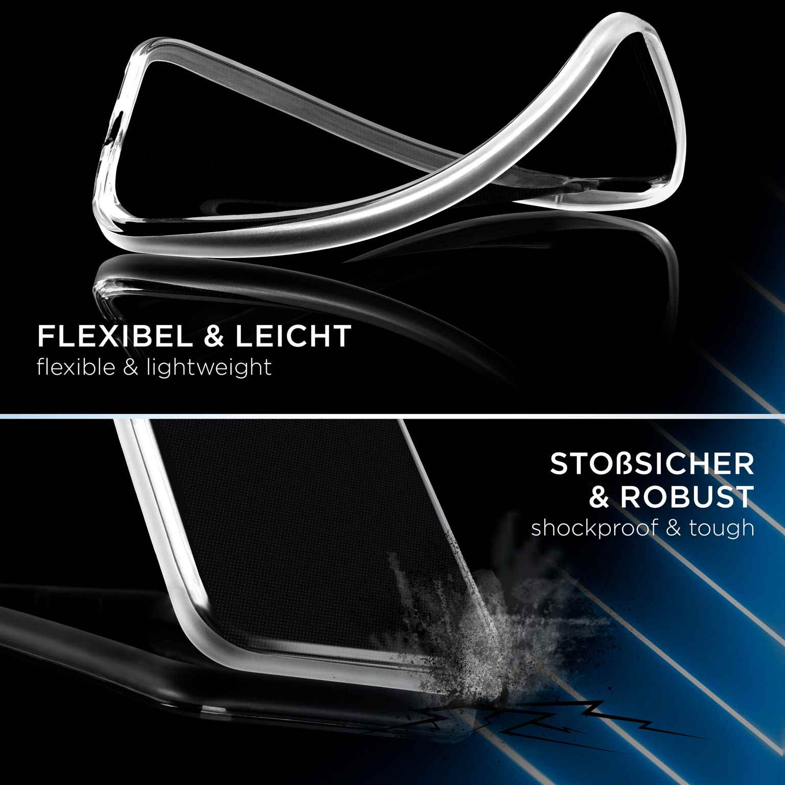 Transparente Handyhülle mit Reflexion. Text: flexibel & leicht. Auch stoßfest & robust.