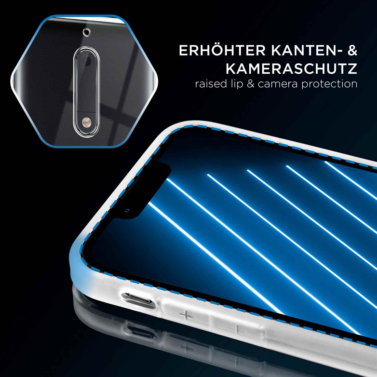 Handyhülle mit erhöhtem Kameraschutz. Blaue Linien im Hintergrund.
